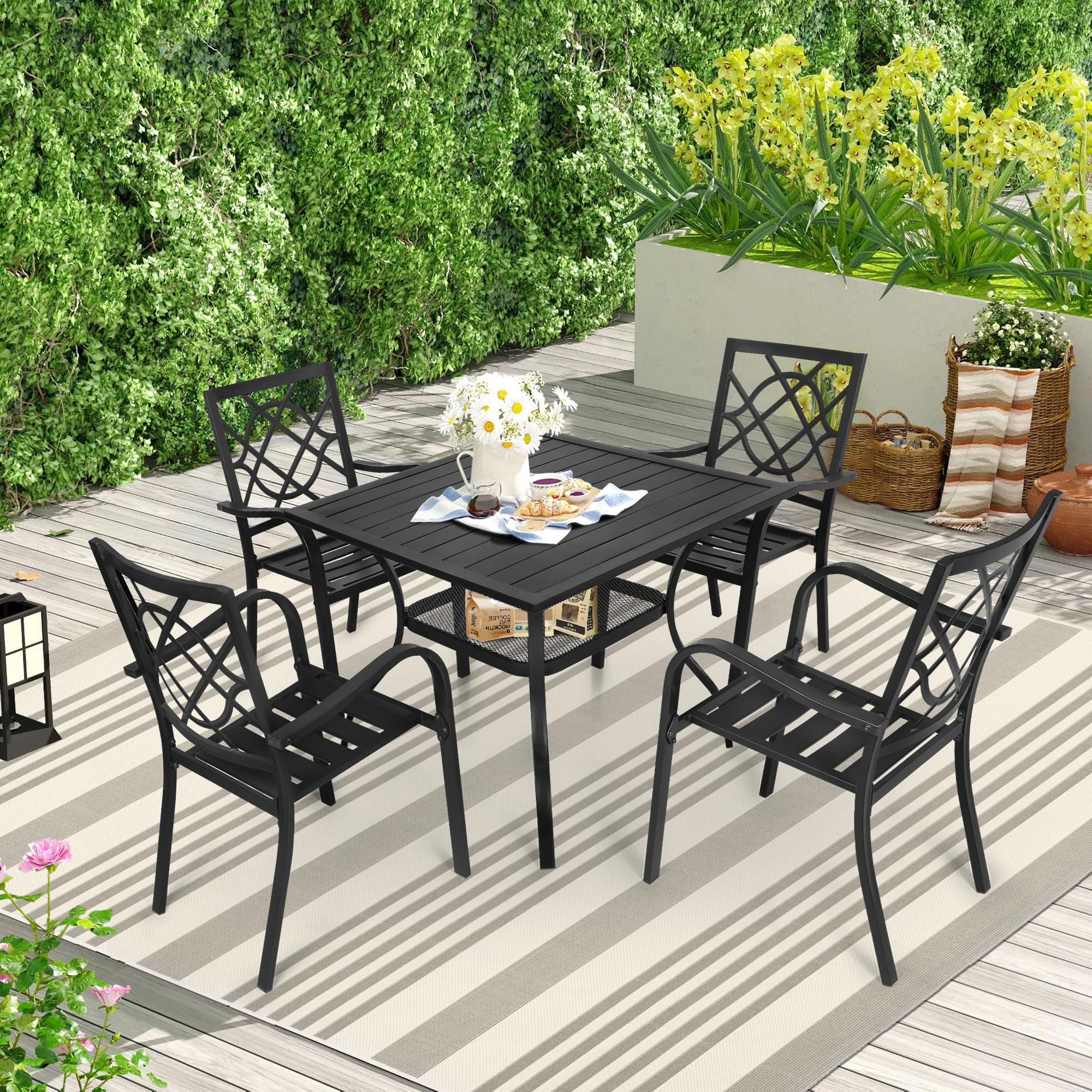 SUNCROWN 5-Piece Outdoor Wrought Iron Patio Dining Set - 4 Stackable Metal Chairs & 1 Steel Slat Bistro Table for Garden, Backyard, Deck - Perfect for Outdoor Entertaining, BBQ Parties, and Relaxing in Your Yard