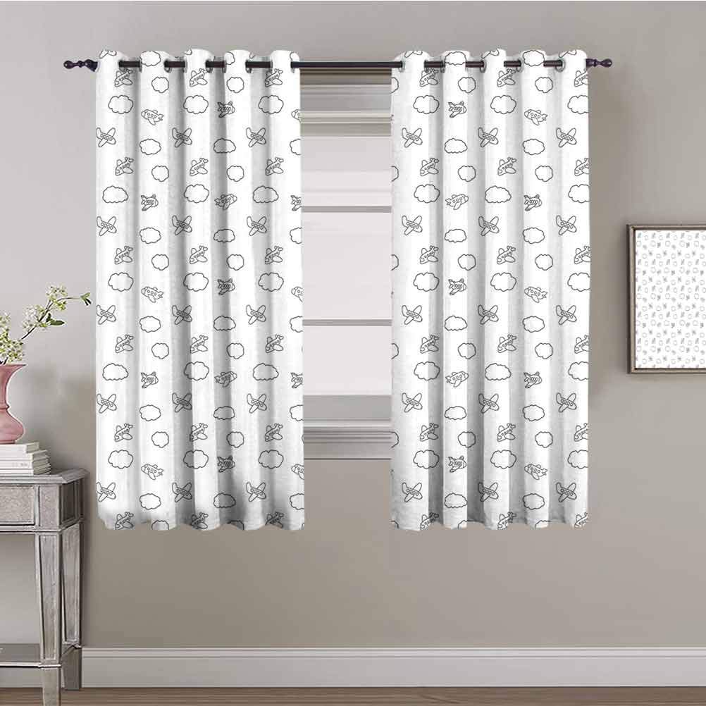 Airplane Themed Blackout Curtains for Boys Room - 2 Panel Set with Doodle Style Little Airplanes & Puffy Clouds (63x72 Inches) - Perfect for Nursery, Kids Bedroom & Playroom Decor