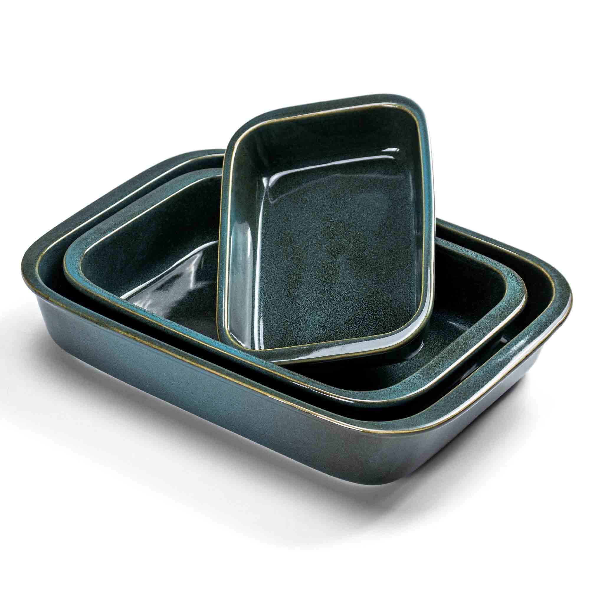 HentenHome 3-Piece Ceramic Baking Dish Set - Porcelain Lasagna Pans, Oblong Casserole & Rectangular Bakeware for Oven, Dishwasher & Microwave | Perfect for Baking, Roasting & Serving (Green)