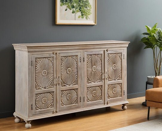 Hand Carved Rustic Wooden Sideboard with Four Doors - Farmhouse Dining Room Buffet Cabinet for Storage & Display | Perfect for Kitchen, Dining Area & Living Room Decor