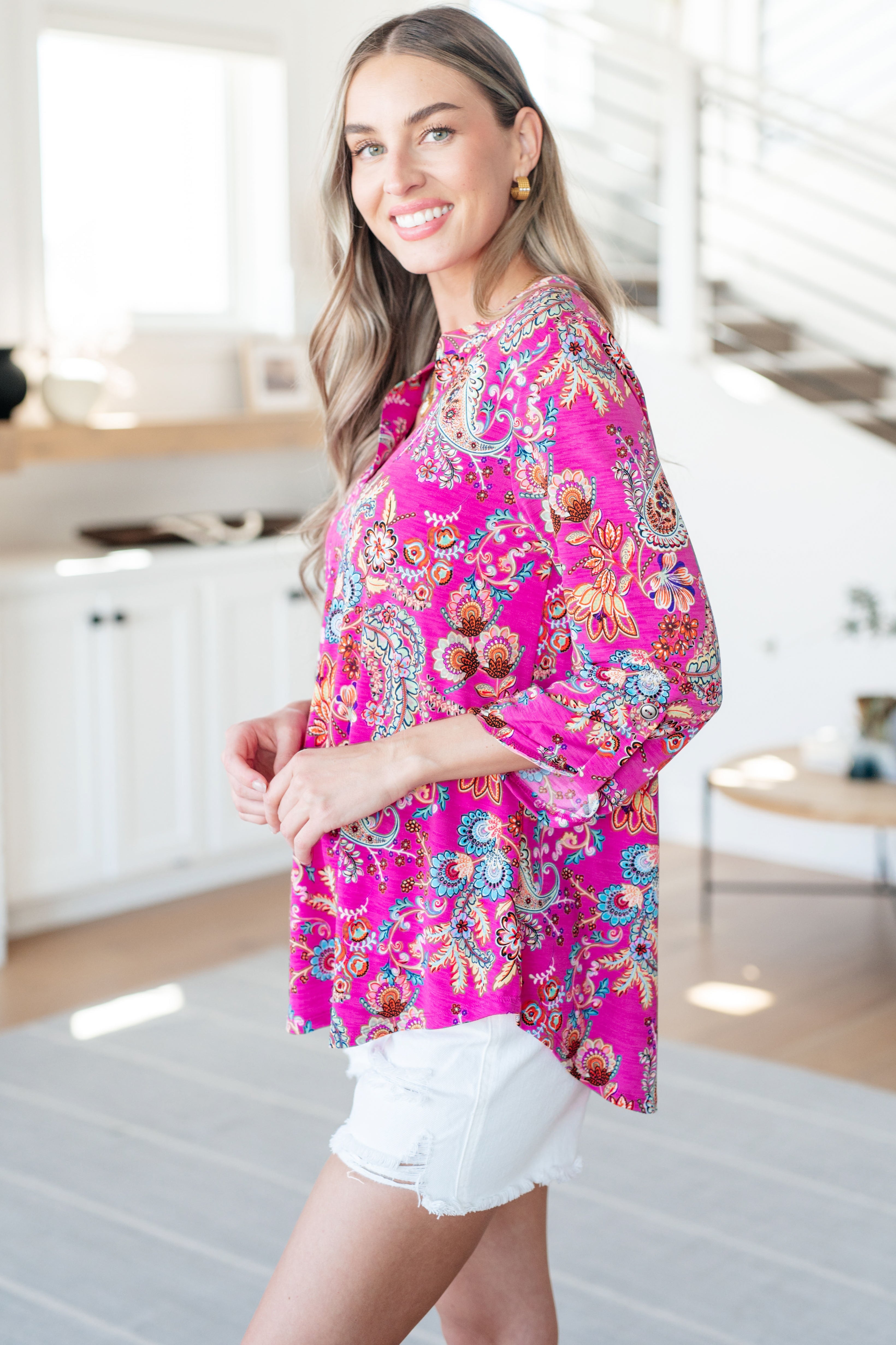 Lizzy Top Women's Blouse in Magenta Floral Paisley Print - Perfect for Summer Outfits, Date Nights & Casual Wear