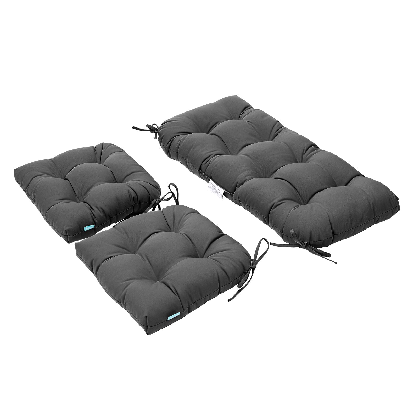 QILLOWAY 3-Piece Outdoor/Indoor Patio Cushion Set - Waterproof Wicker Seat Cushions with Ties for Loveseat, Bench & Porch Chairs - Dark Grey - Perfect for Garden, Deck & Poolside Relaxation