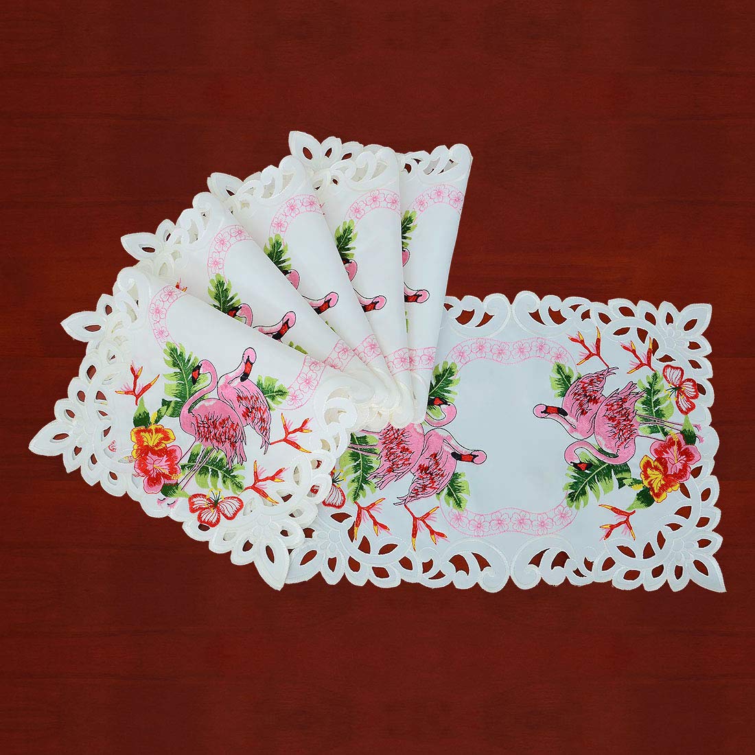 Simhomsen Embroidered Flamingo, Tropical Palm Leaves & Hibiscus Flower Table Placemats - 13x19 Inch Set of 6 - Perfect for Hawaiian Luau, Beach Party, Baby Shower & Tropical Home Decor