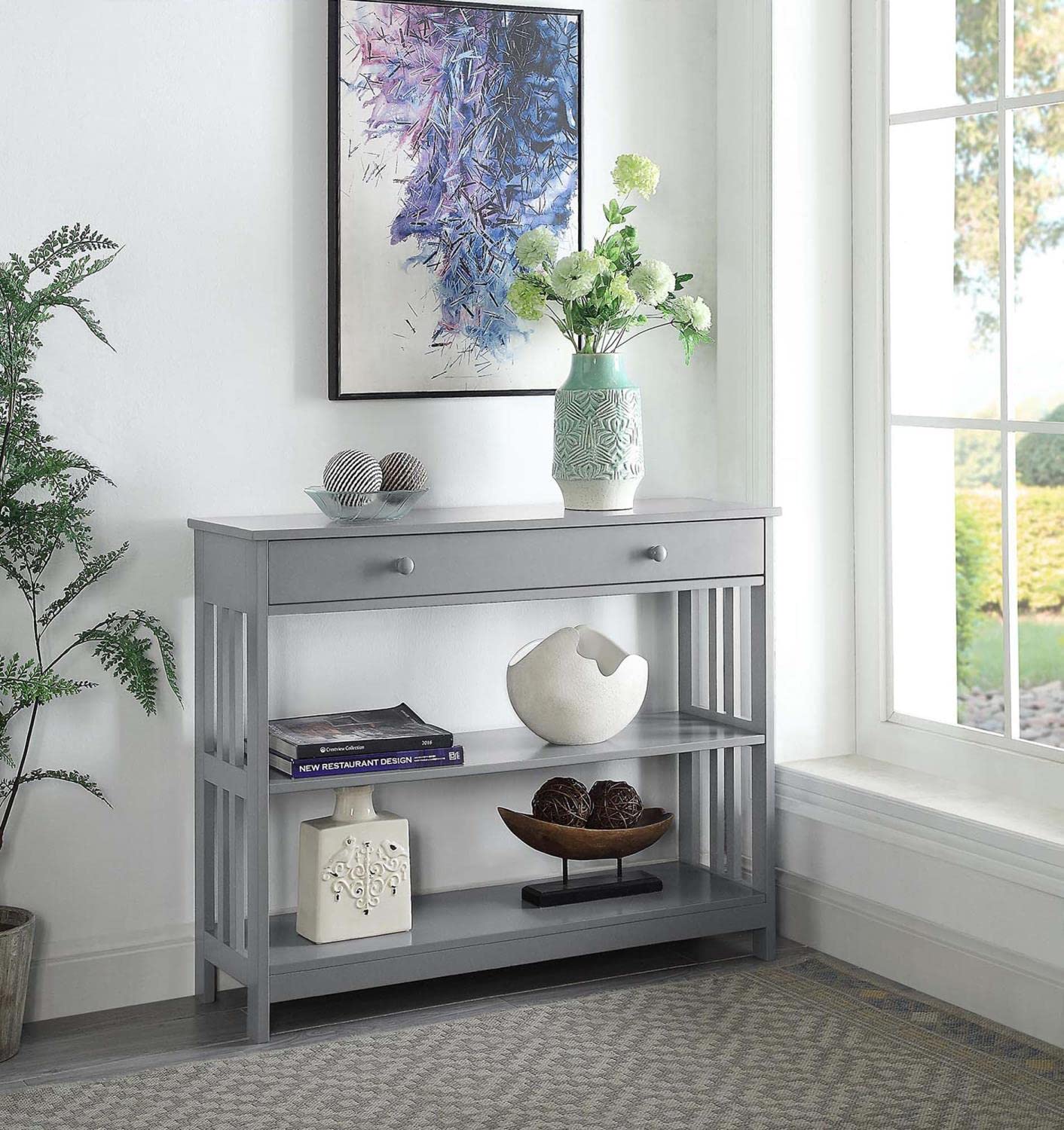 Convenience Concepts Mission 1-Drawer Console Table in Gray - Stylish Entryway Sofa Table with Storage for Living Room, Hallway & Bedroom