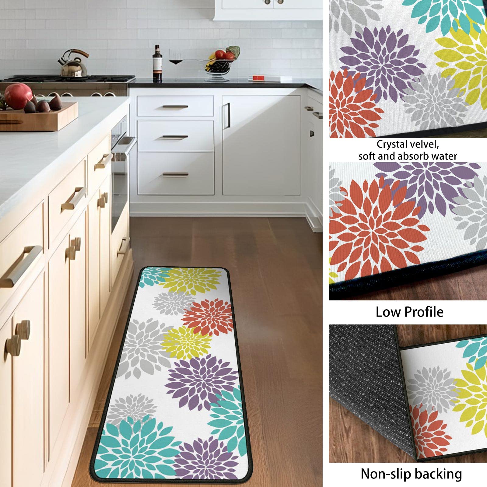 Vibrant Floral Kitchen Rugs Set of 2 - Non-Slip Cushioned Floor Mats, Washable Farmhouse Decor (17