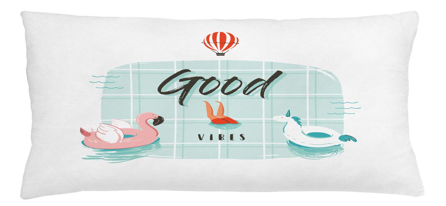 Ambesonne Flamingo & Unicorn Pool Party Throw Pillow Cover - 36x16 Inch Decorative Rectangle Cushion Case in Pale Green, Coral & Black - Perfect for Summer Home Decor, Living Room Accent, or Outdoor Poolside Lounge