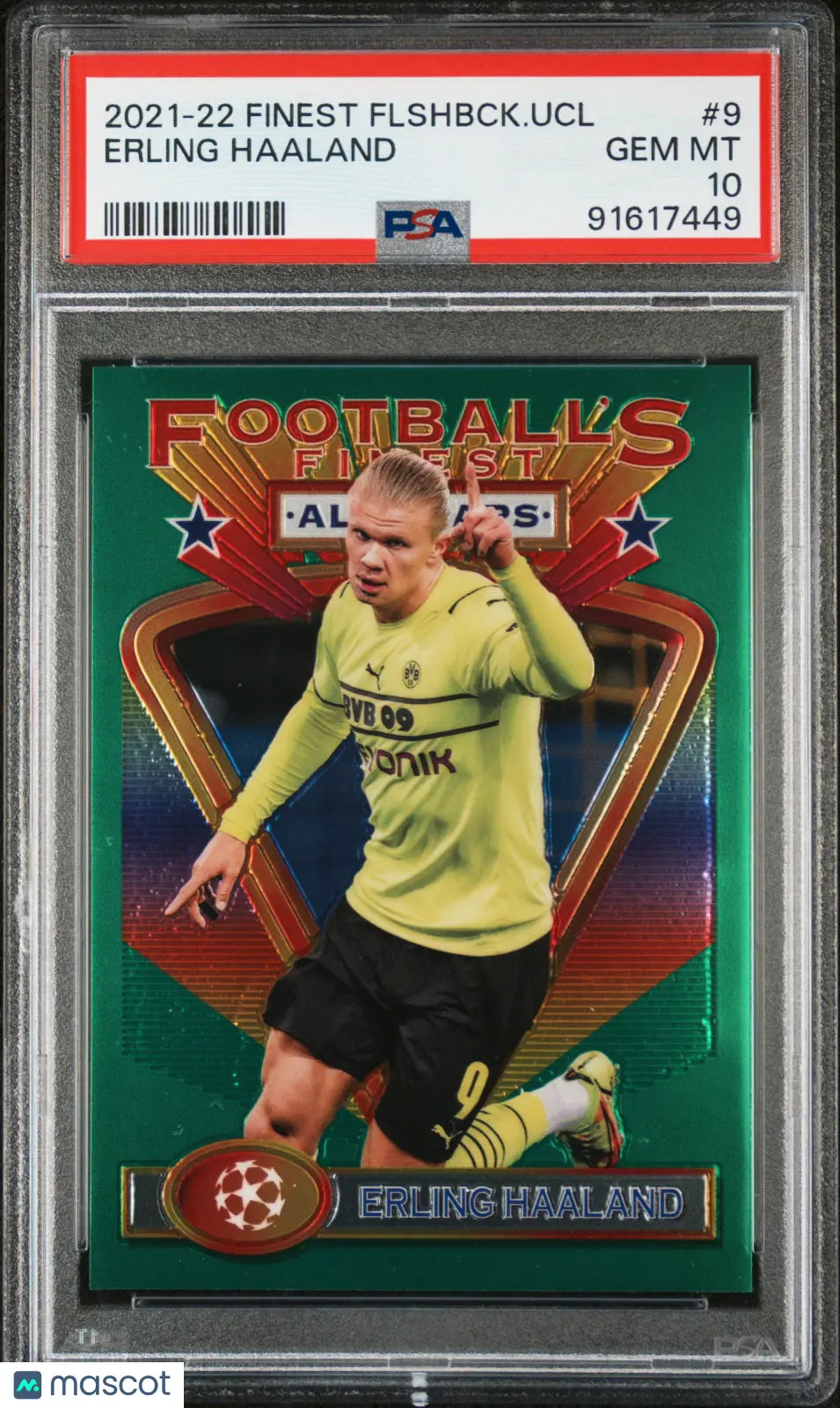 2021-22 Topps Finest Flashbacks UEFA Champions League Erling Haaland #9 PSA 10 Gem Mint Soccer Card - Rare Collectible for Sports Memorabilia Fans & Investors - Perfect for Display, Trading, and Portfolio Growth
