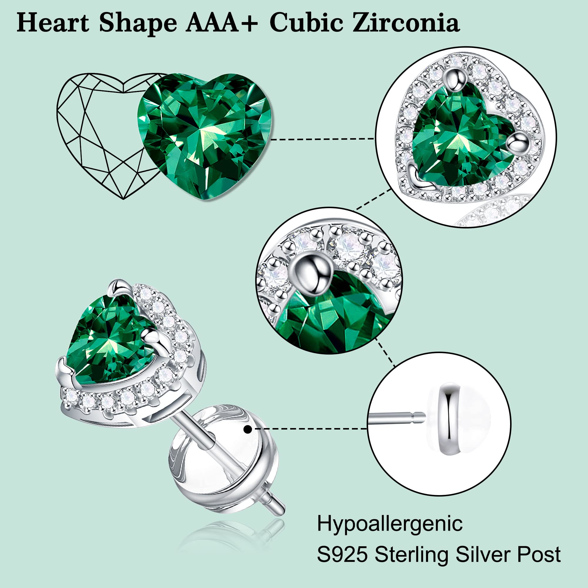 Sparkling S925 Sterling Silver Heart Earrings for Women & Girls - Hypoallergenic Birthstone Jewelry | Perfect Birthday Gift for Teens, Daughter, Wife | Valentine's Day, Anniversary, Prom Jewelry Accessories