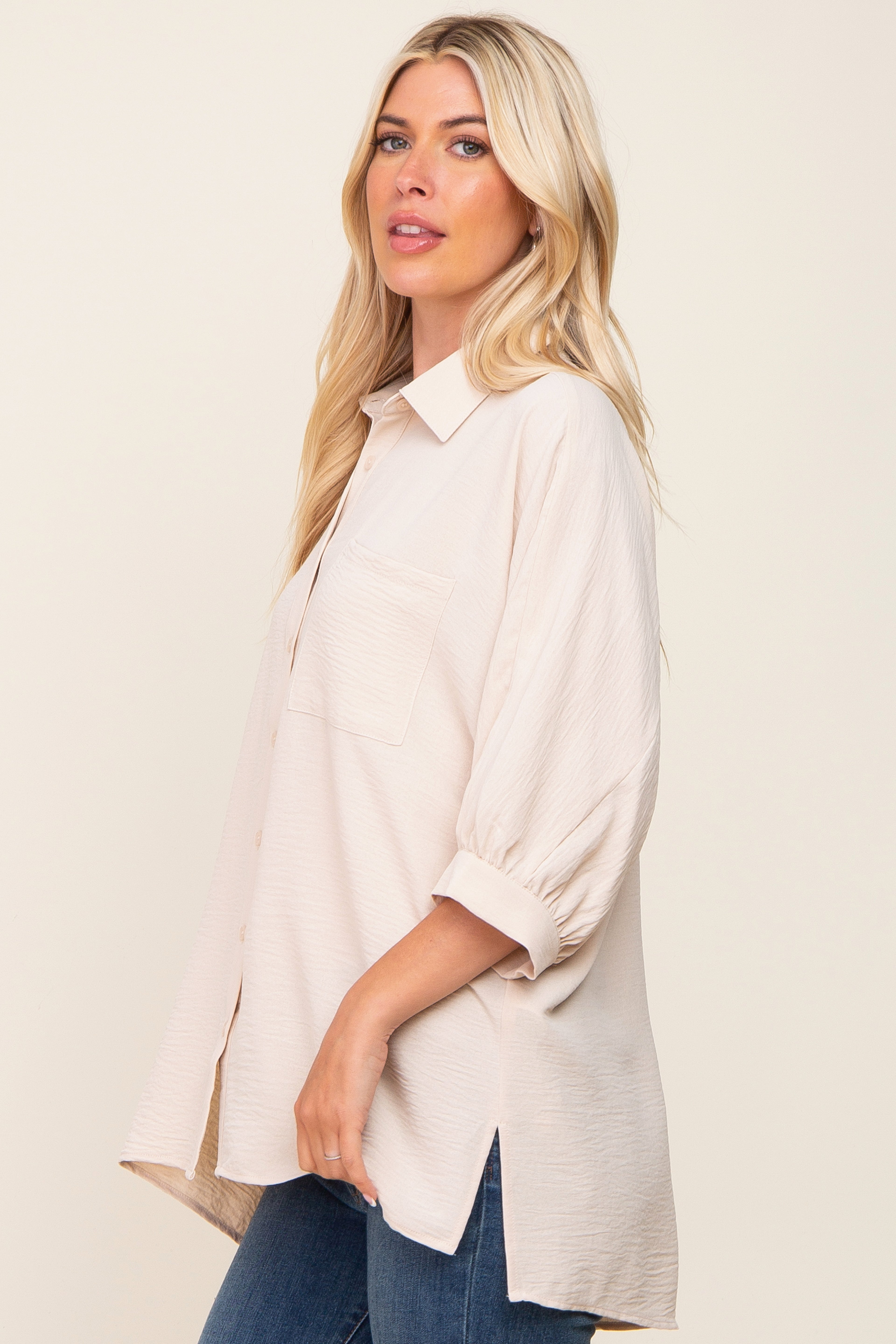 Women's Beige Button Down 3/4 Sleeve Blouse - Casual Office Wear & Spring Summer Fashion Top