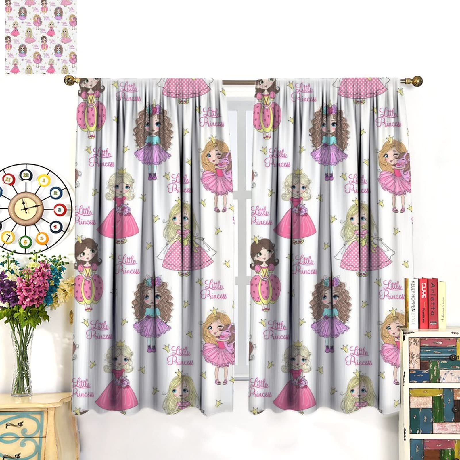 Cute Unicorn Cartoon Curtains for Girls - Princess Themed Kids Room Decor, 2 Panel Set 42x45 Inches - Perfect for Bedroom, Nursery & Playroom Decorations