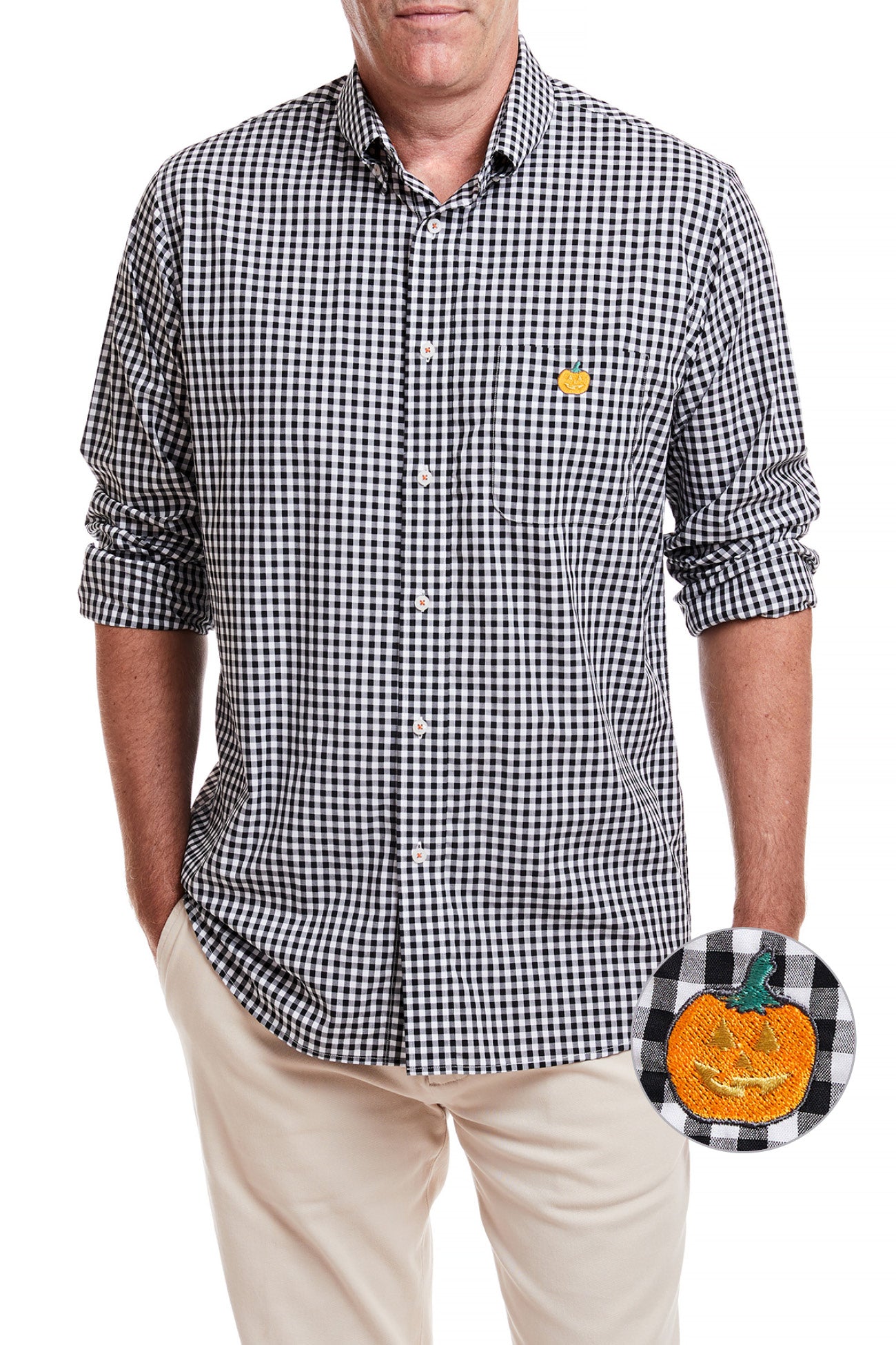Chase Shirt Wide Gingham Black with Single Jack O'Lantern - Stylish Halloween Button-Up Shirt for Men, Women - Perfect for Costume Parties, Trick or Treating & Fall Festivals