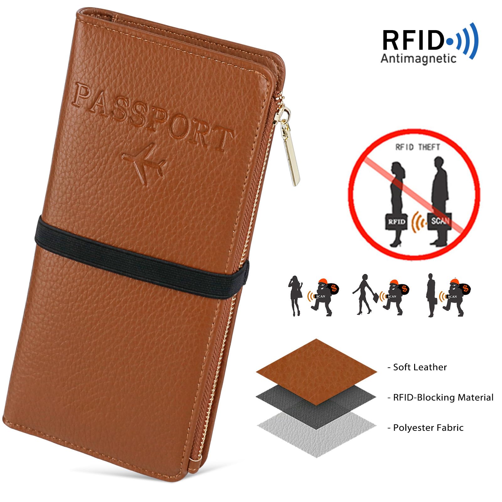 Premium Leather RFID Blocking Passport Holder for Women - Waterproof Travel Wallet with Zipper Pocket & Card Slots | Secure Document Organizer for International Trips, Vacations & Business Travel (Brown)