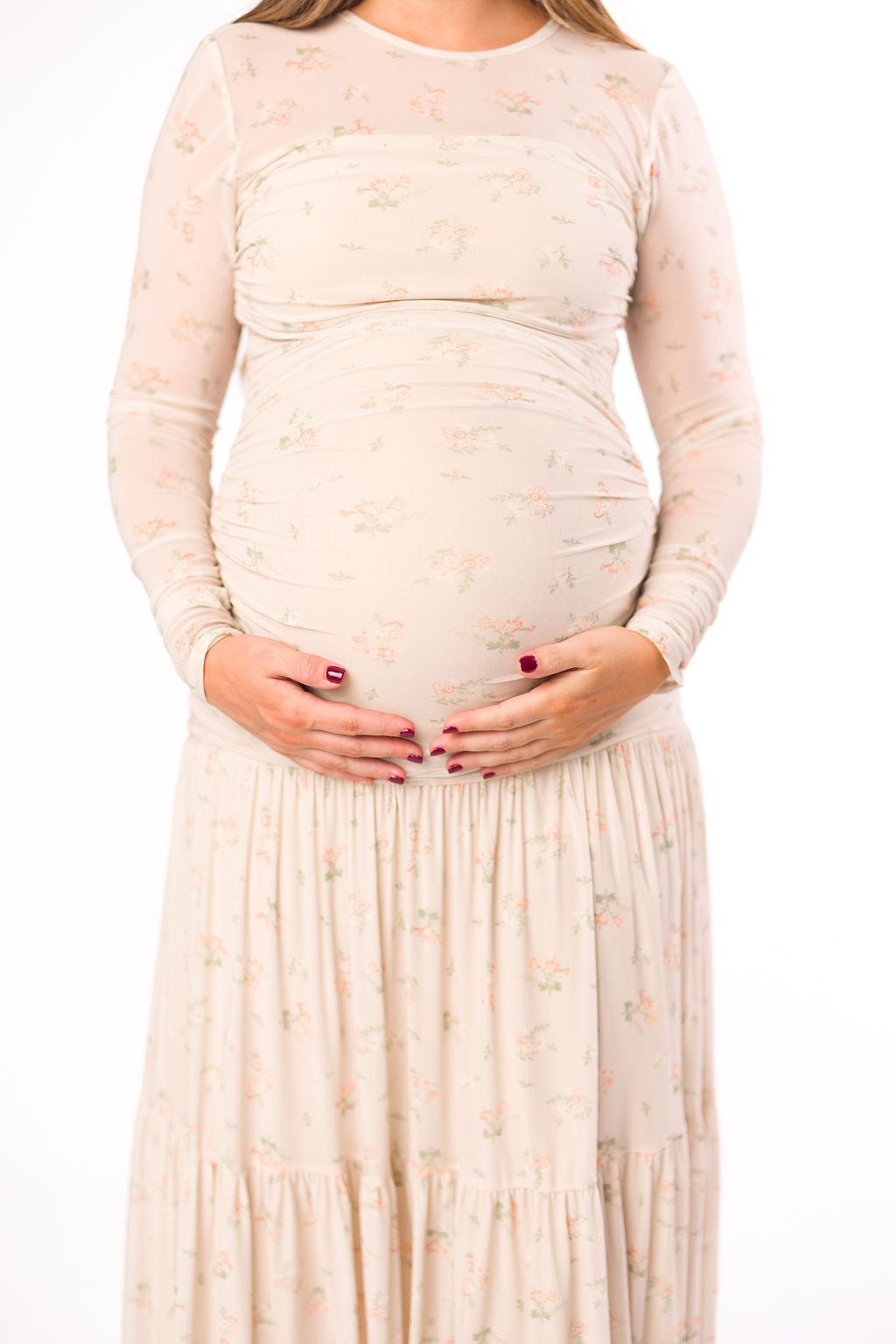 Camille Mesh Gathered Side Seam Maxi Dress in Nude Multi Floral - Bump Friendly Maternity Dress for Pregnancy, Nursing & Special Occasions | Perfect for Baby Showers, Weddings & Summer Vacations