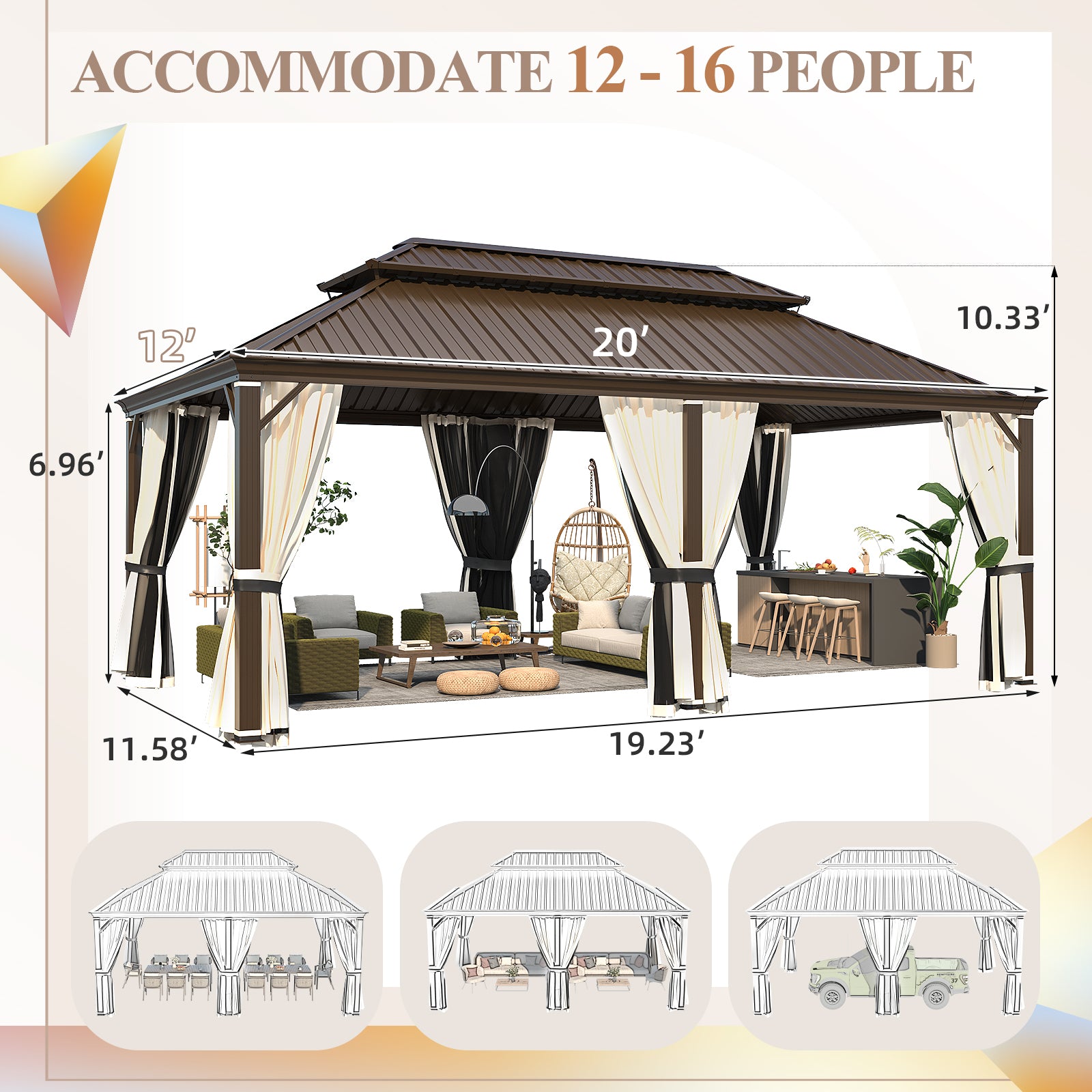 12' x 20' Hardtop Gazebo with Aluminum Frame - Dark Gray Outdoor Canopy for Patio, Backyard, and Garden Parties | Weather-Resistant & Durable Shelter
