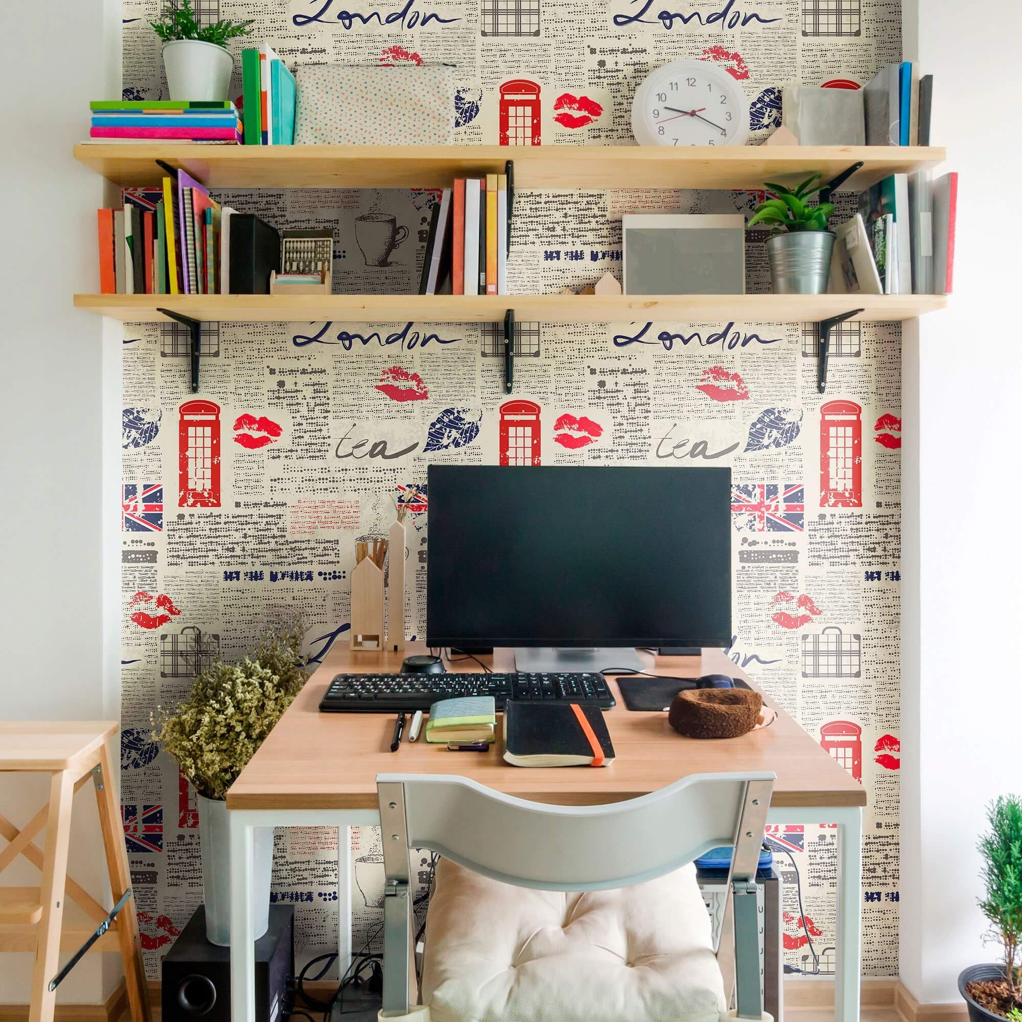 Blue and Red Travel Themed Peel and Stick Removable Wallpaper 5029 - Self-Adhesive Decorative Wall Covering for Bedroom, Living Room & Office Decor