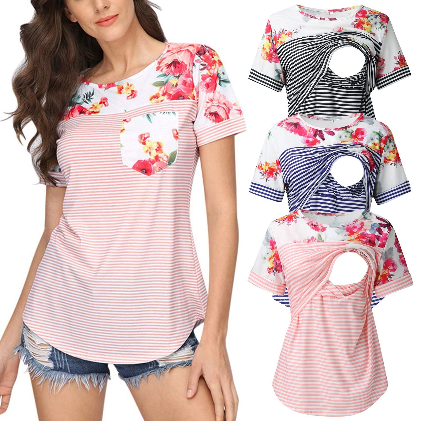Women's Maternity Short Sleeve Crew Neck Striped Nursing Top - Soft Cotton Breastfeeding Shirt for Pregnant & Nursing Moms | Perfect for Everyday Wear, Nursing Sessions & Postpartum Comfort