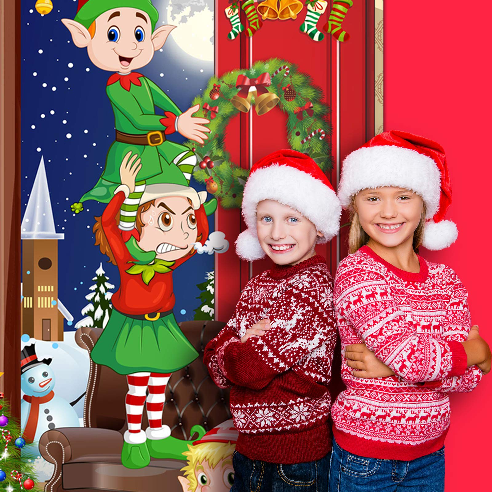 Funny Elves Fabric Door Backdrop - Santa Christmas Photo Booth Banner & Door Cover - 70.9 x 35.4 Inch - Perfect for Holiday Parties, Family Photos & Festive Decorations