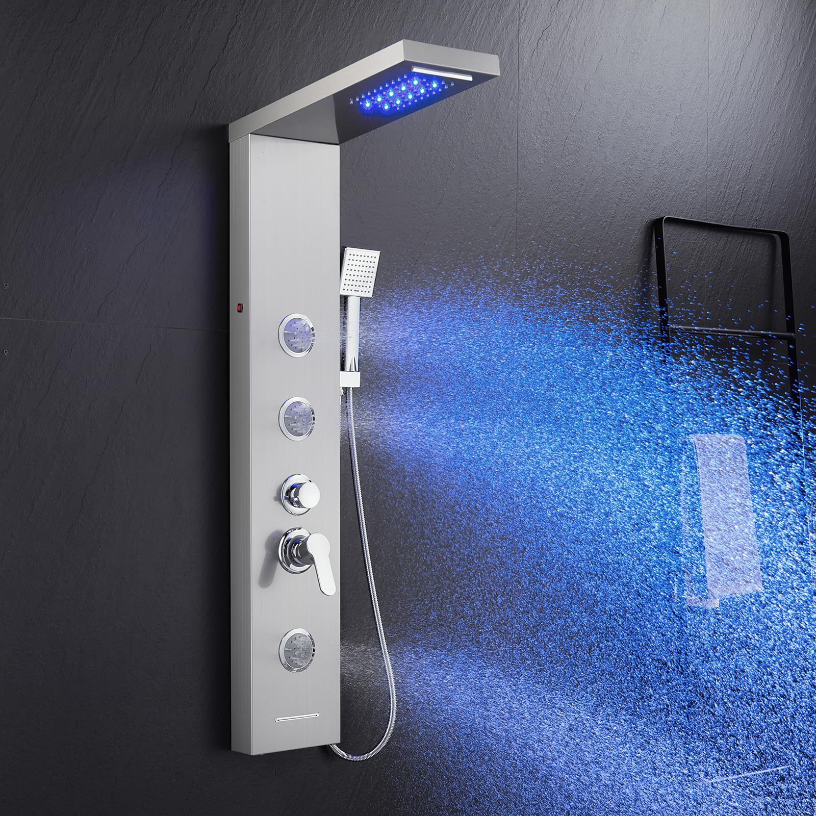 ROVATE 5-in-1 Brushed Stainless Steel LED Shower Panel Tower System - Rainfall, Waterfall, Massage Jets & Handheld Shower Combo - High Pressure Bathroom Upgrade for Spa-Like Experience
