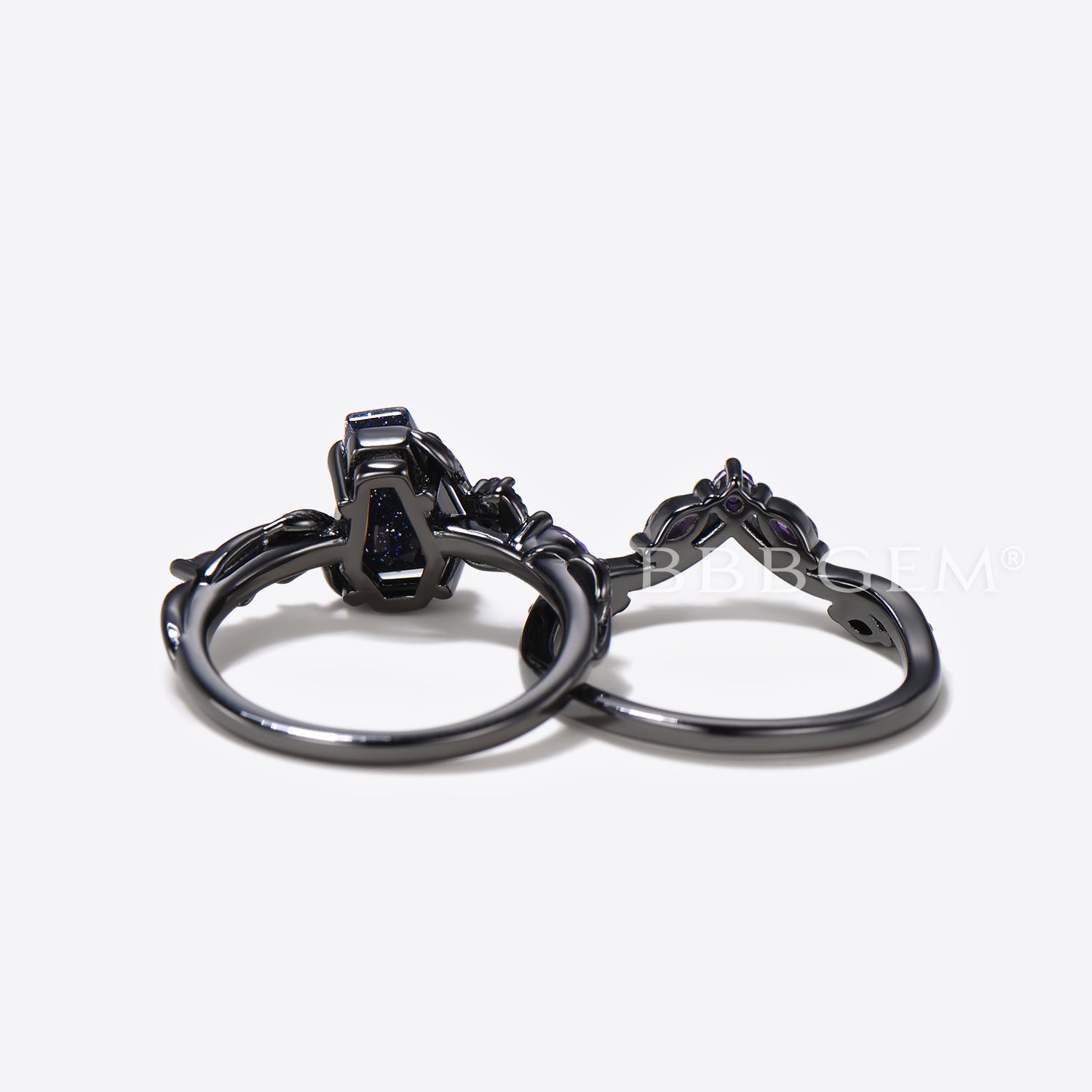 Black Gold Coffin Blue Sandstone Ring with Leaf Amethyst - Elegant Engagement Ring for Women | Perfect for Weddings, Anniversaries & Romantic Gifts