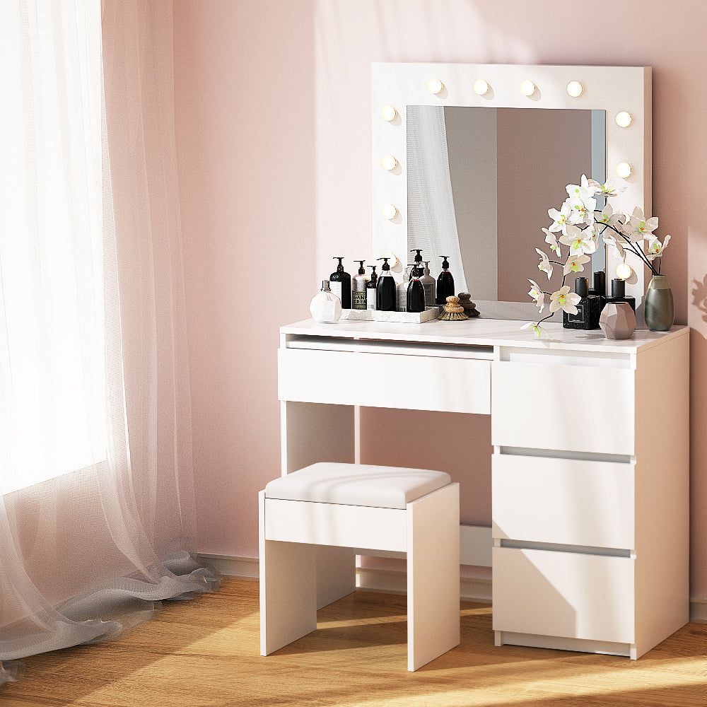 Artiss Vanity Dressing Table Set with Stool & 12 LED Bulbs - White Makeup Desk for Bedroom, Bathroom & Dorm Room
