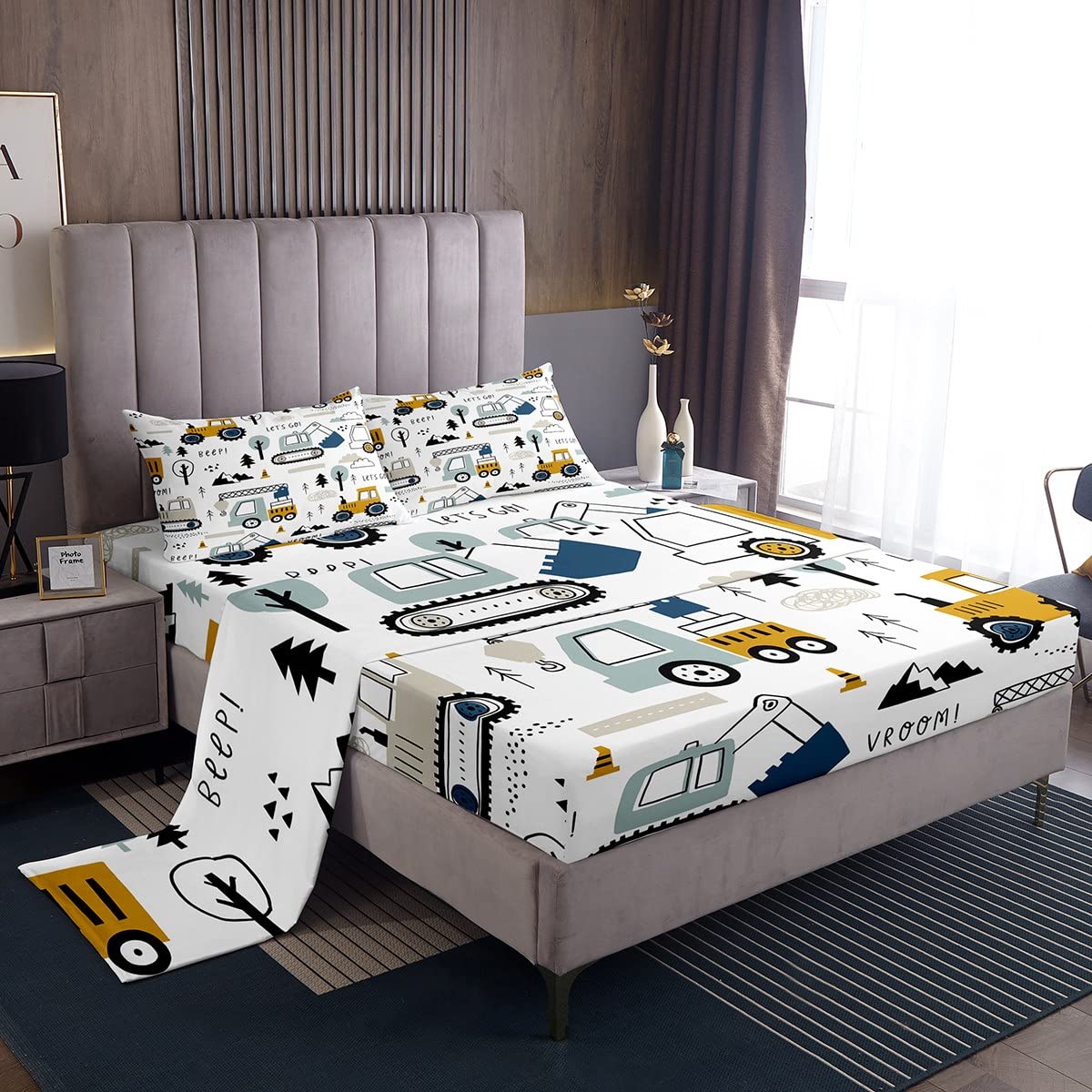Kids Construction Truck Bedding Set - Cartoon Car, Excavator & Tractor Themed 3-Piece Twin Sheet Set with Deep Pocket Fitted Sheet (White & Yellow) | Perfect for Boys' Bedroom Decor & Themed Sleepovers