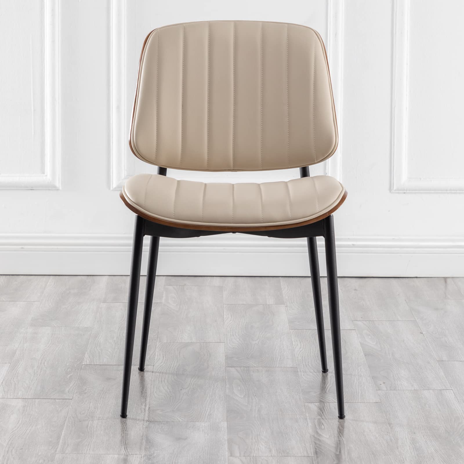 Mid Century Modern Dining Chairs Set of 2 - Retro Beige Faux Leather Upholstered Chairs with Walnut Bentwood Seat & Metal Legs - Adjustable Feet for Kitchen, Dining Room & Home Office