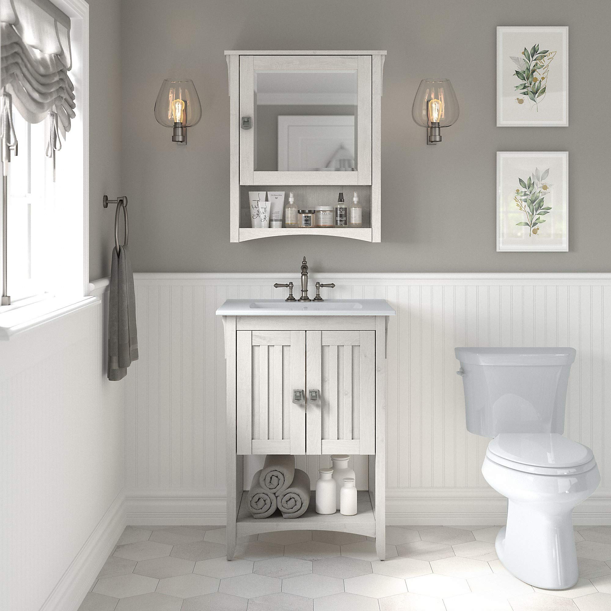 Bush Furniture Salinas 24-Inch Wide Bathroom Vanity with Sink, Medicine Cabinet & Mirror in Linen White Oak - Perfect for Small Bathrooms, Powder Rooms & Apartment Remodels
