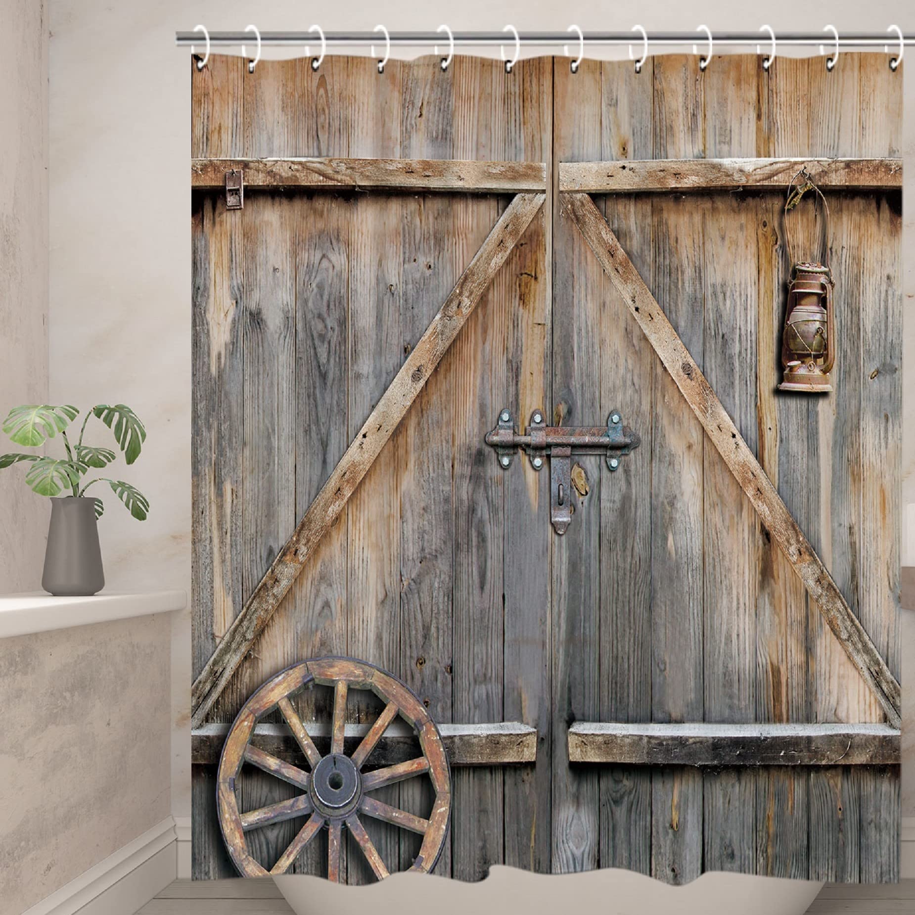 Rustic Barn Door Shower Curtain - Farmhouse Wooden Plank Design, Brown Wildlife Western Pattern, Waterproof Polyester Fabric, 72x72 Inches with Hooks - Perfect for Country Style Bathroom Decor & Western Themed Home