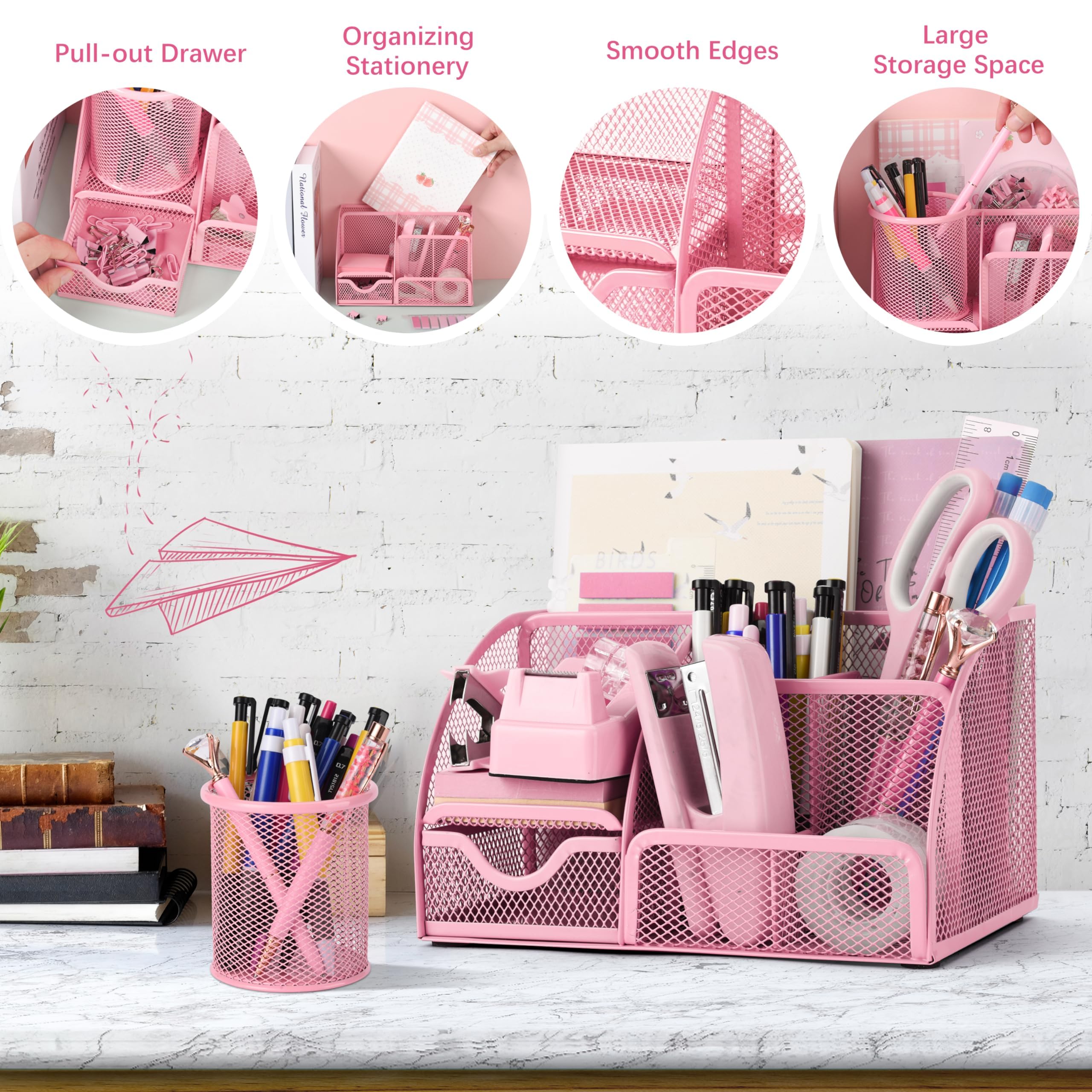 11-Piece Pink Office Supplies Set - Mesh Desk Organizer with Stapler, Tape Dispenser, Staple Remover, Clips, Ruler, Scissors & Sticky Notes - Perfect for Office, School, Home & Women's Workspace Organization (Pink)
