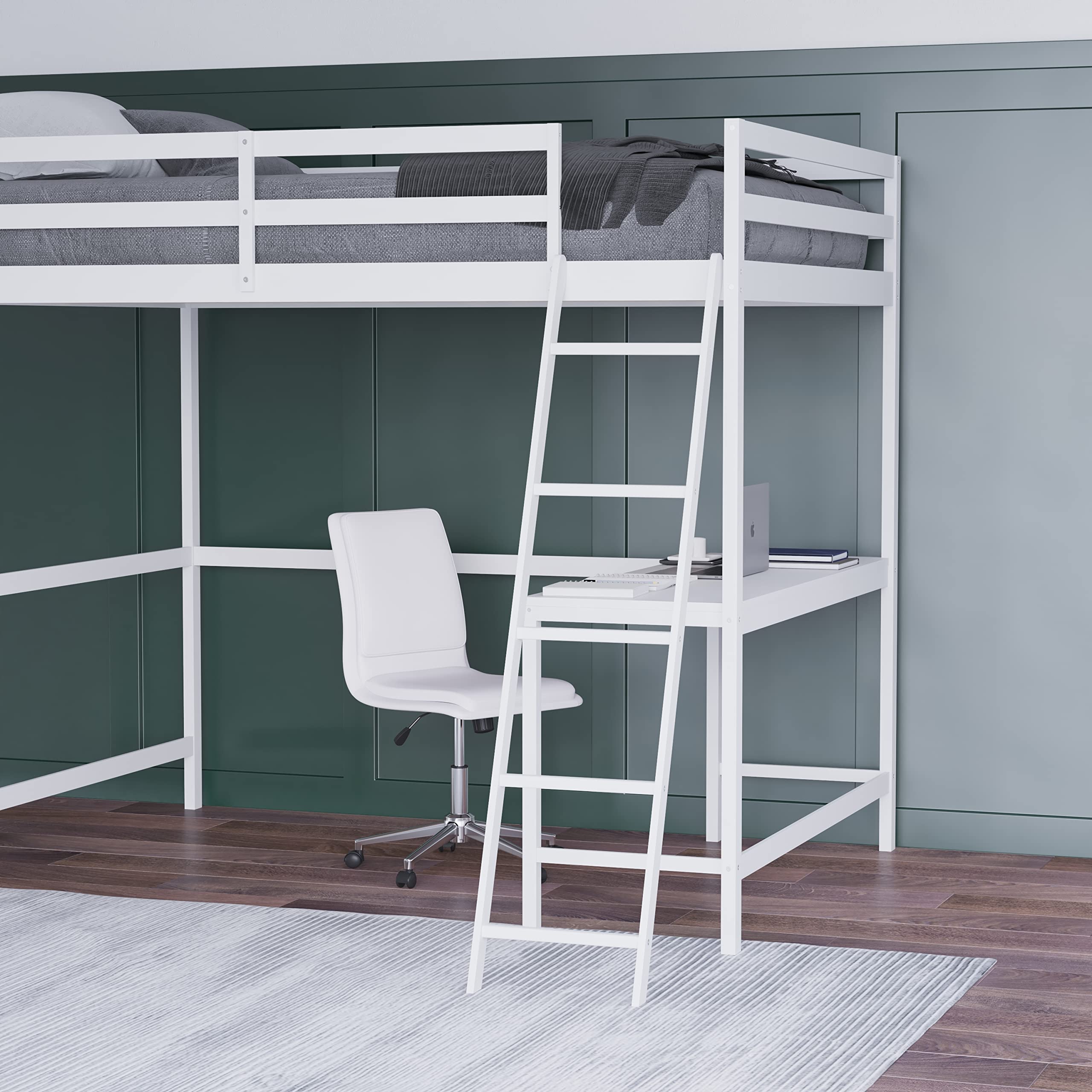 Emma & Oliver Ridley Full Size Loft Bed with Desk - White Pine Wood Frame - Underbed Study Space - Safety Guardrails - Fits 6-8