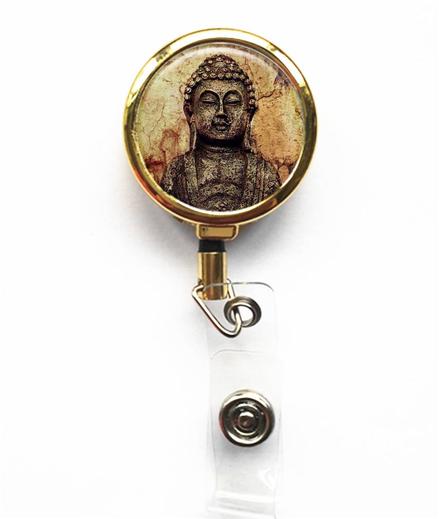 RhyNSky Tibetan Buddha Retractable ID Badge Holder with Belt Clip - Gold Business Card Name Tag Reel (C1481) for Office, Events, Conferences & Security Professionals