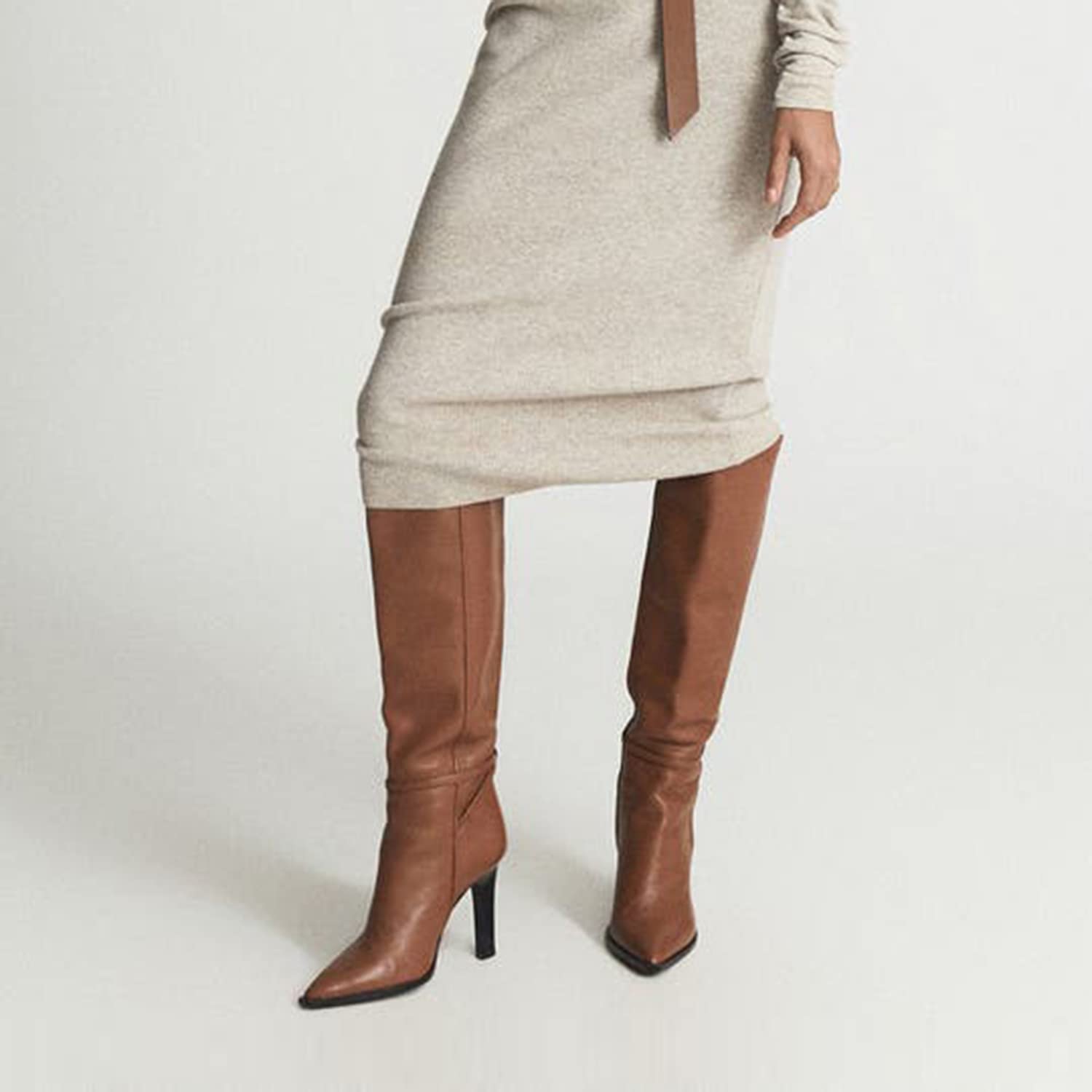 Women's Brown Two-Tone Snakeskin Over The Knee Boots - Pointed Toe Thin High Heel Pull-On Dress Boots with Ankle Strap (US Size 4-16) | Perfect for Office, Party & Night Out Fashion