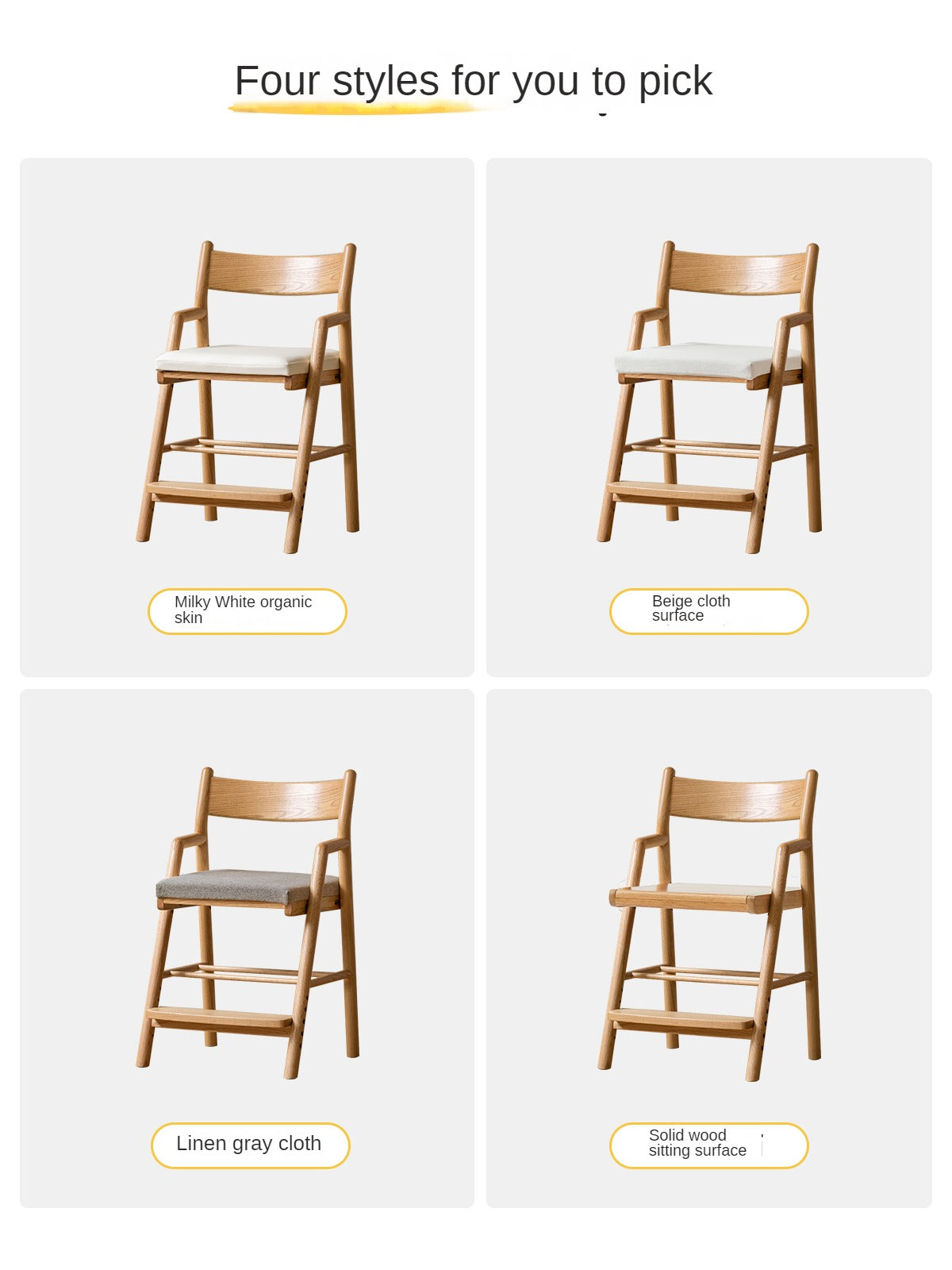 Adjustable Height Oak Solid Wood Kids Chair - Sturdy & Ergonomic Design for Study, Dining & Playtime