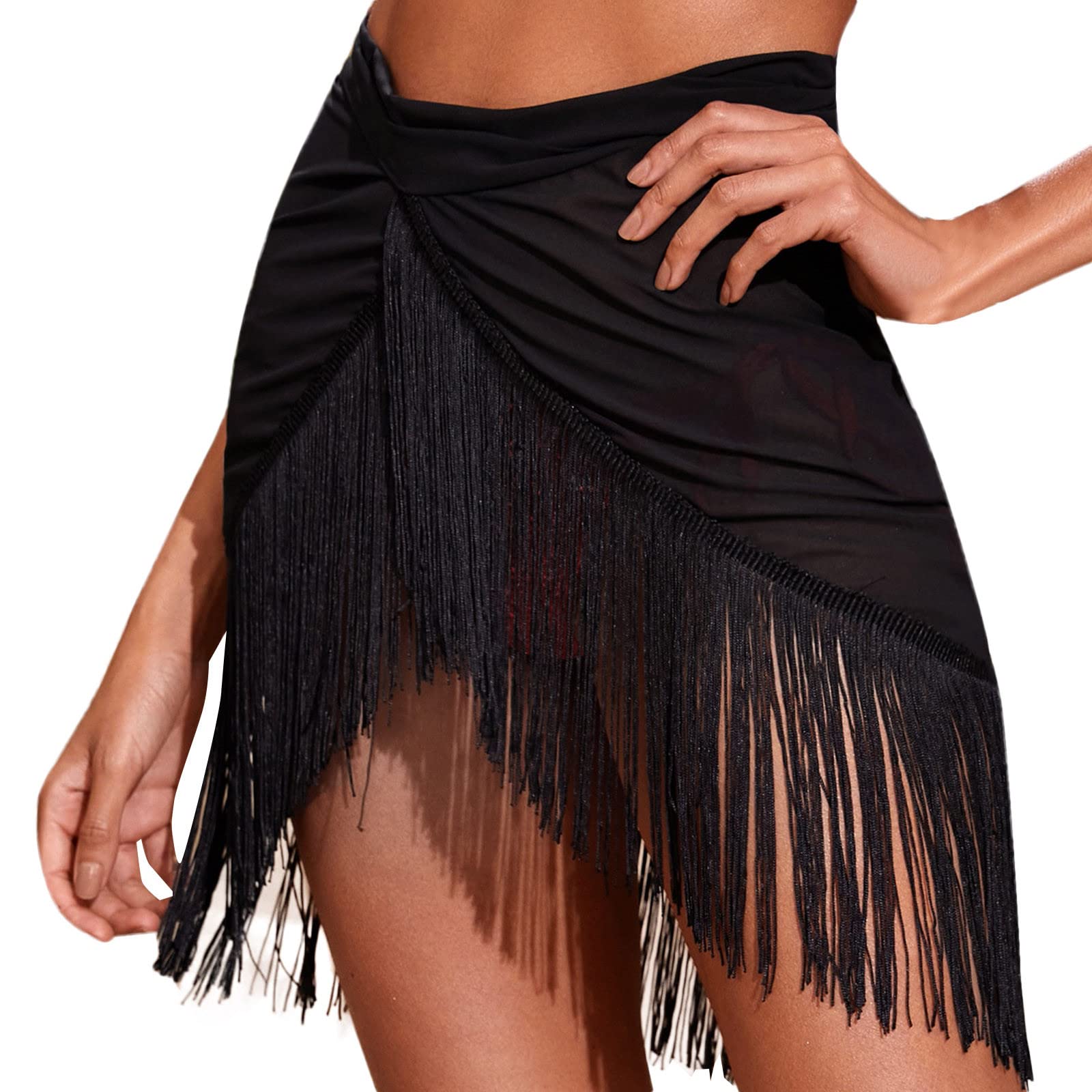 Women's Ruffle Trim Sheer Beach Cover Up Skirt - Bikini Wrap, Shiny Mesh Tassel Nightgown for Girls (Black) | Perfect for Pool Parties, Beach Vacations & Summer Outfits