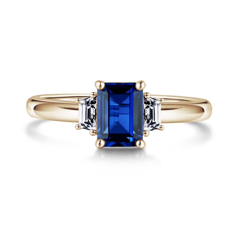 Exquisite Emerald Cut Blue Sapphire & White Sapphire Three Stone Ring – Elegant Jewelry for Engagement, Wedding & Special Occasions