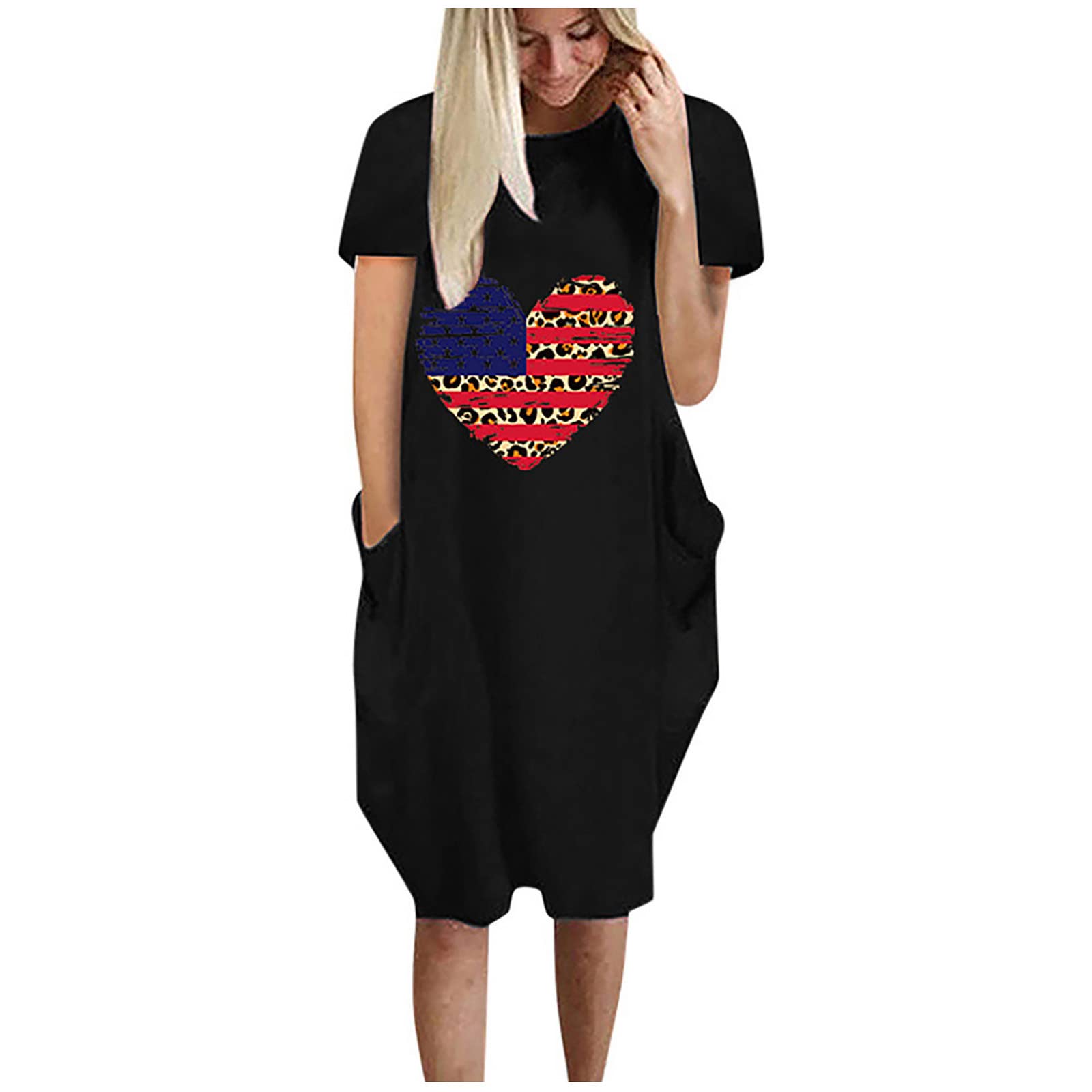 4th of July Dresses for Women - American Flag Print Summer Short Sleeve Casual Pullover Shirt Dress | Beach Sundress, BBQ Party, Patriotic Celebration Outfit