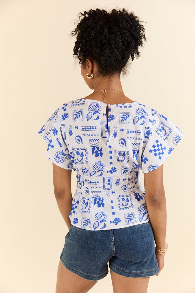 Missed You Blue Icon Printed Cinched Waist Woven Blouse for Women | Stylish Office & Casual Wear | Perfect for Work, Dates & Everyday Outfits