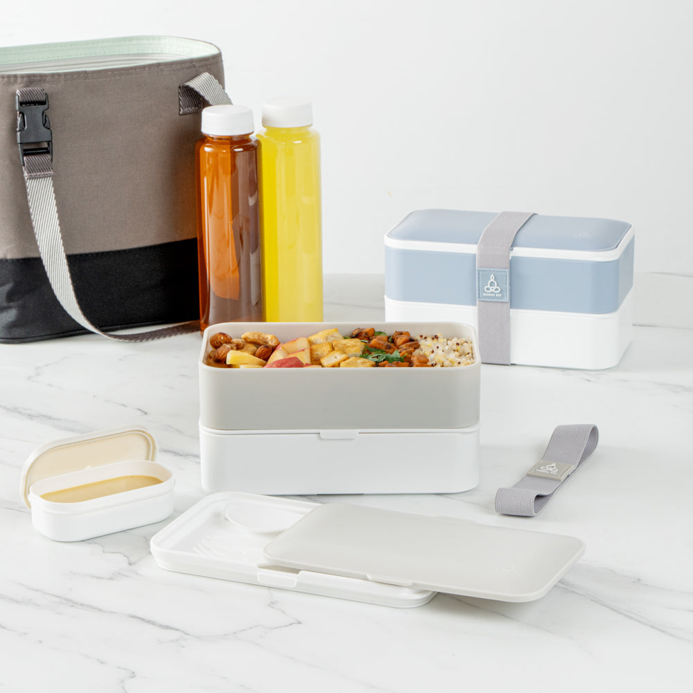 Bento Tek 41 oz Gray & White Buddha Box - All-in-One Lunch Container with Utensils & Sauce Cup (7.25