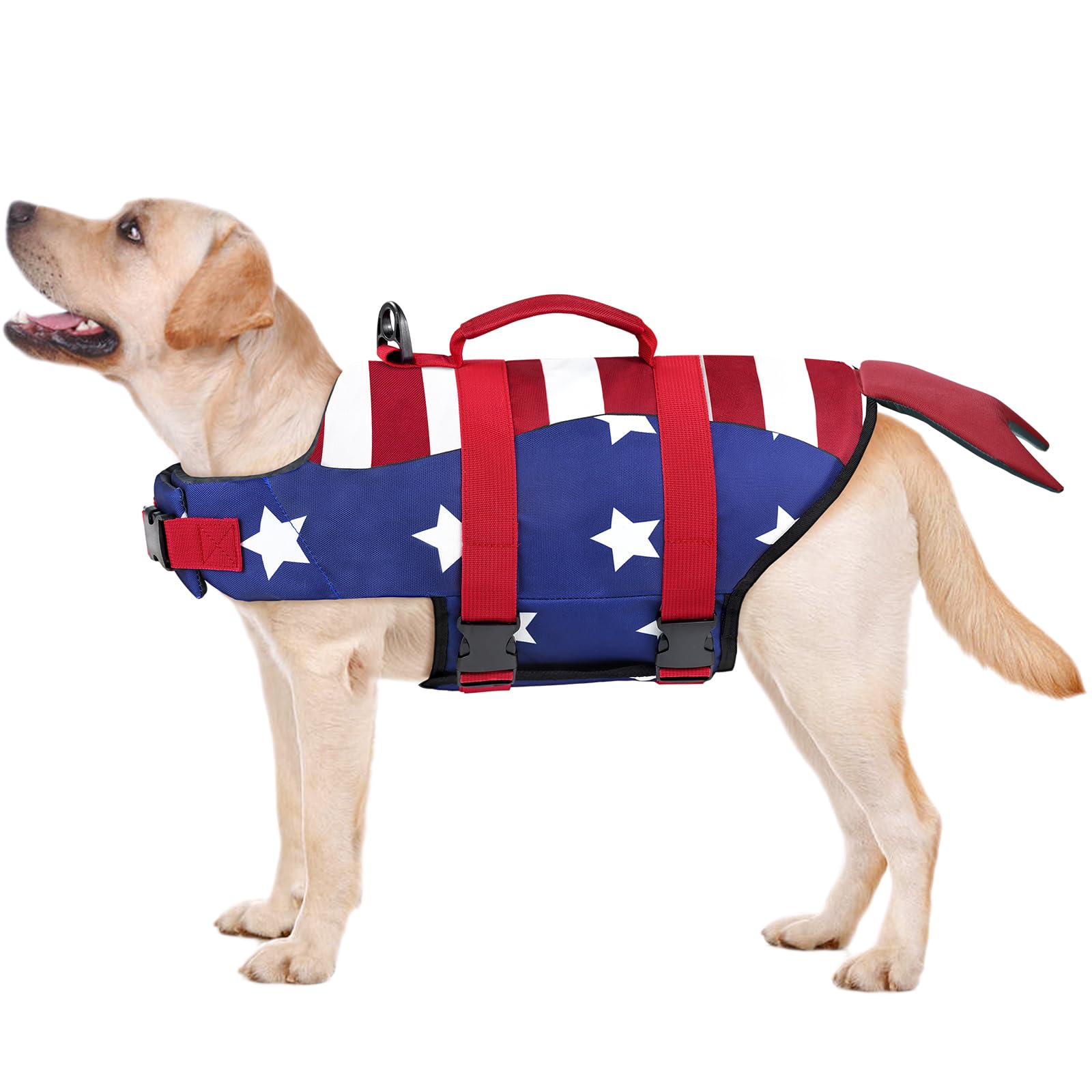 **Malier High Buoyancy Ripstop Dog Life Jacket - Swimming & Boating Safety Vest for Small, Medium & Large Dogs - High Visibility Lifesaver (Red + Dark Blue, Large) - Perfect for Pools, Lakes & Beach Adventures**