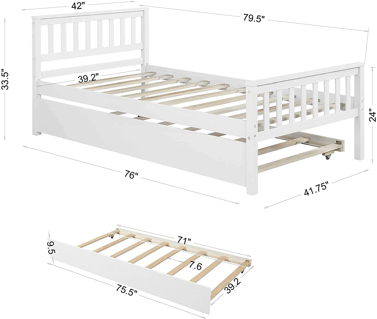 KINFFICT Solid Pine Wood Twin Platform Bed Frame with Trundle - Sturdy Daybed with Headboard & Footboard, 10 Thick Slats for Strong Support (No Box Spring Needed) - Perfect for Kids' Rooms, Guest Rooms & Small Spaces (White)