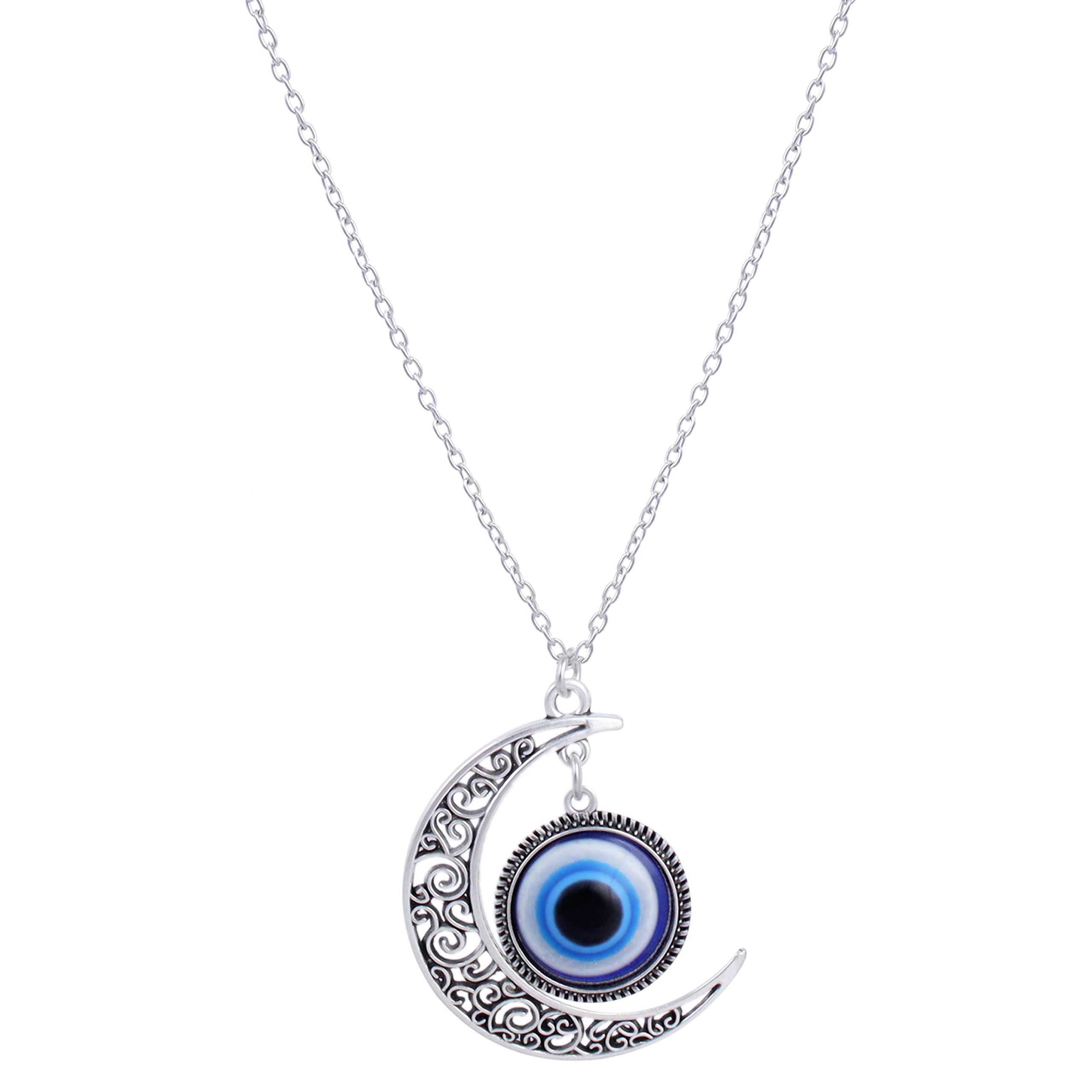 Exclusive Moon Evil Eye Silver Plated Chain Necklace for Women, Men & Teens - Fashion Jewelry Gift for Birthday, Party & Everyday Wear