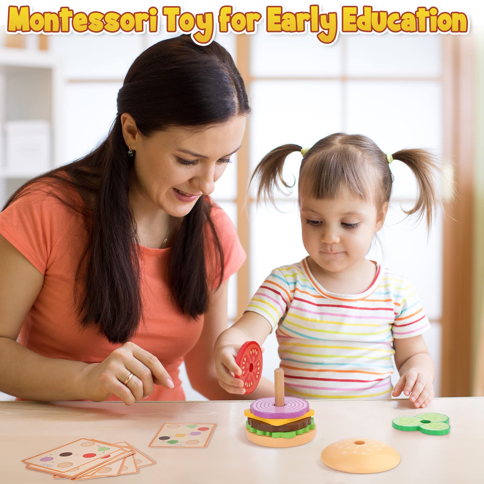 Aizweb Wooden Montessori Stacking Toys for Toddlers 3+ Years - Educational Burger Building Blocks for Fine Motor Skills, Preschool Learning & Kids Gifts - Perfect for Home, Classroom & Playroom Activities