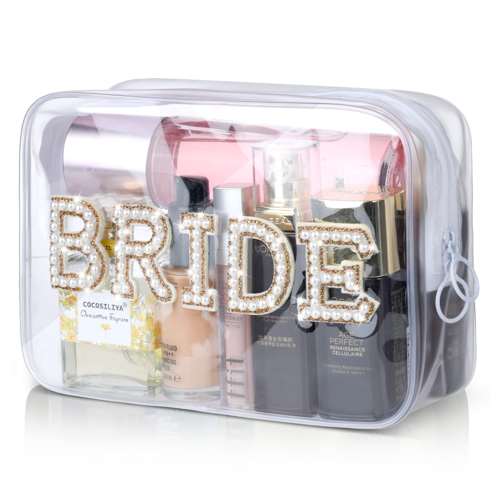 Etercycle Clear Makeup Bag with Bling Pearl Rhinestone Letter Patches - Waterproof PVC Travel Cosmetic Organizer for Women | Perfect for Bridal Showers, Engagement Gifts, Bachelorette Parties & Wedding Events (Gold)