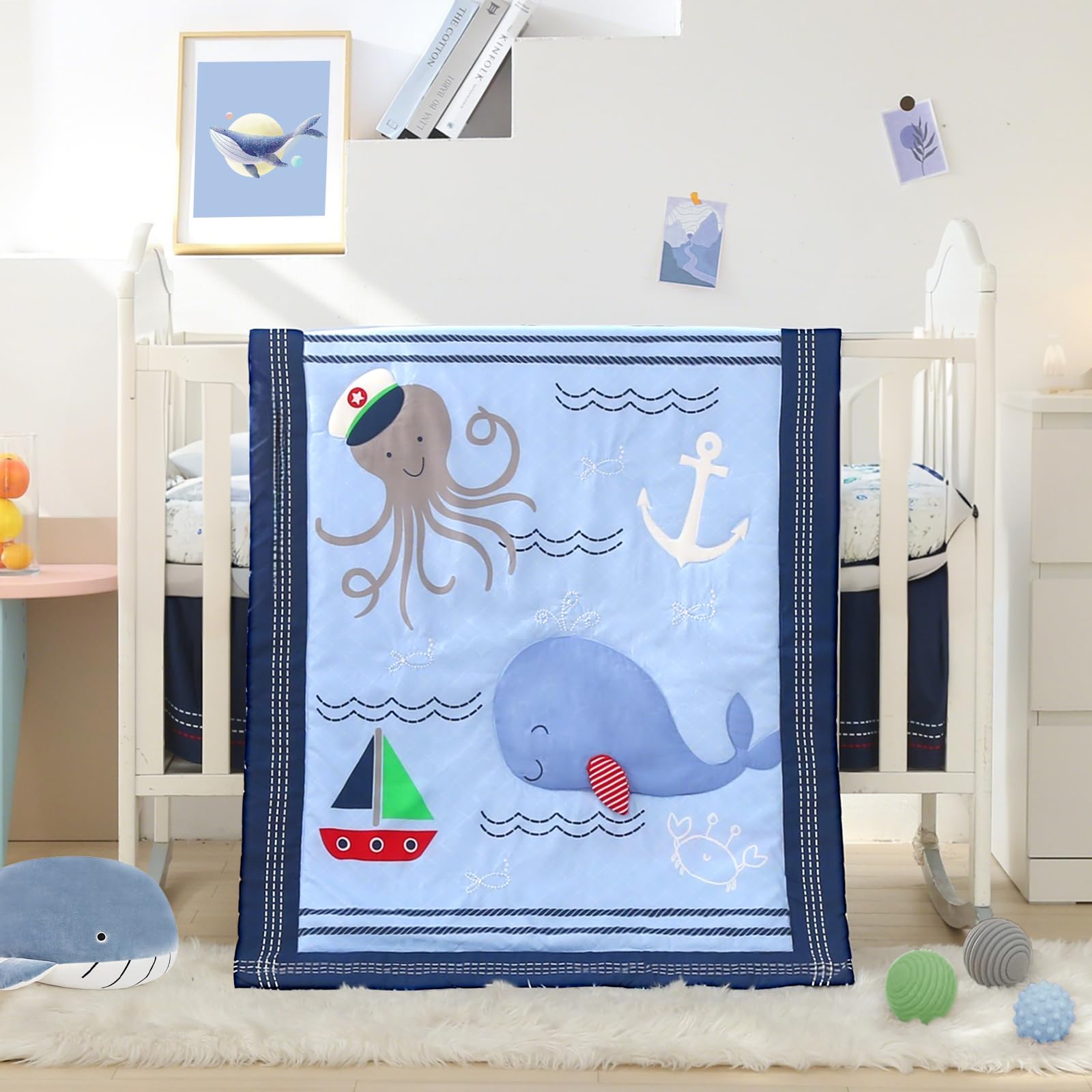 Wowelife 3-Piece Nautical Whale Crib Bedding Set - Ocean Theme Nursery Comforter, Fitted Sheet & Skirt | Soft Baby Boy Girl Bed Set for Coastal Nursery Decor