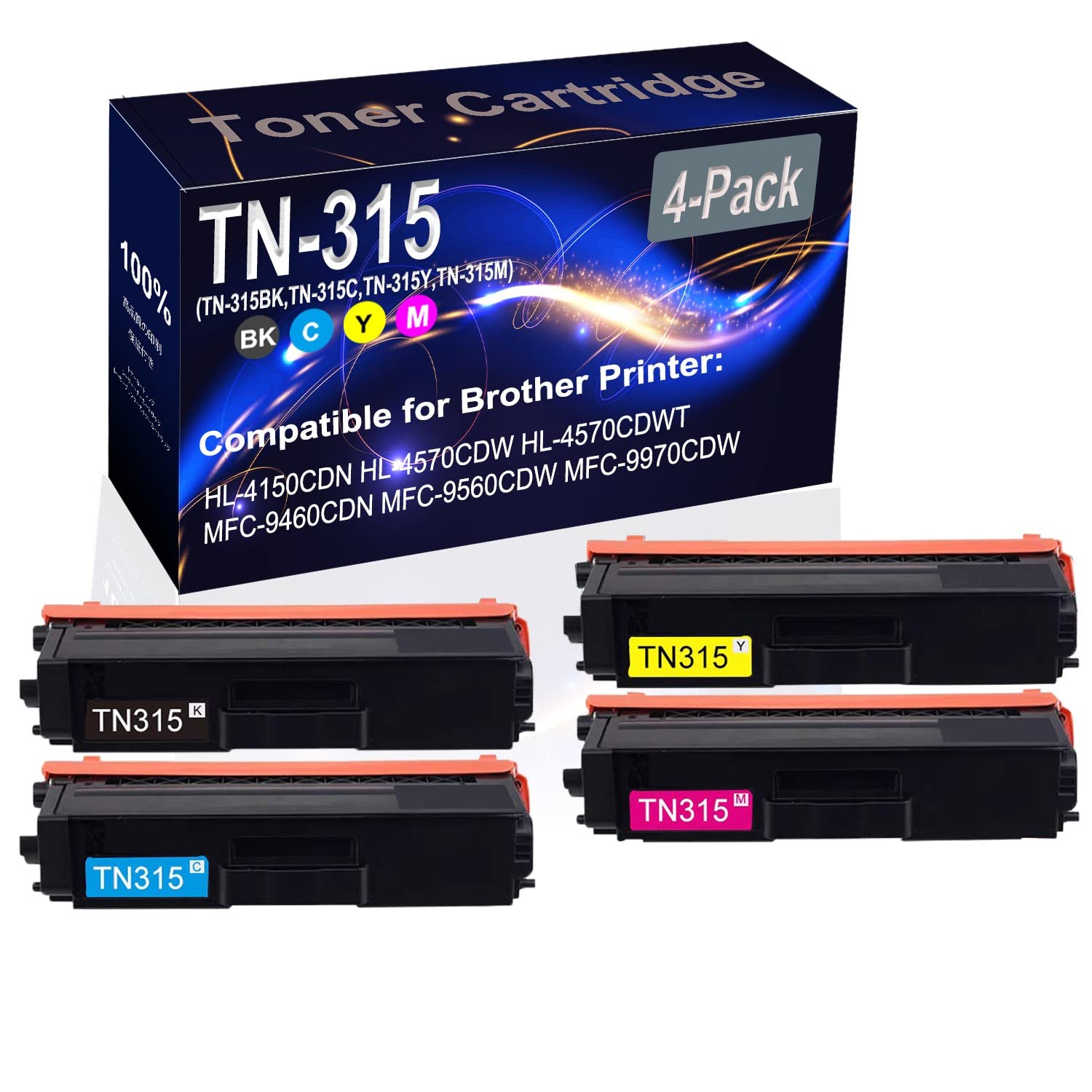 4-Pack High Capacity Compatible Toner Cartridge for Brother HL-4150CDN HL-4570CDW - Replacement for TN315 BK/C/Y/M (Black, Cyan, Yellow, Magenta) - Ideal for Office Printing, Home Use & Small Businesses