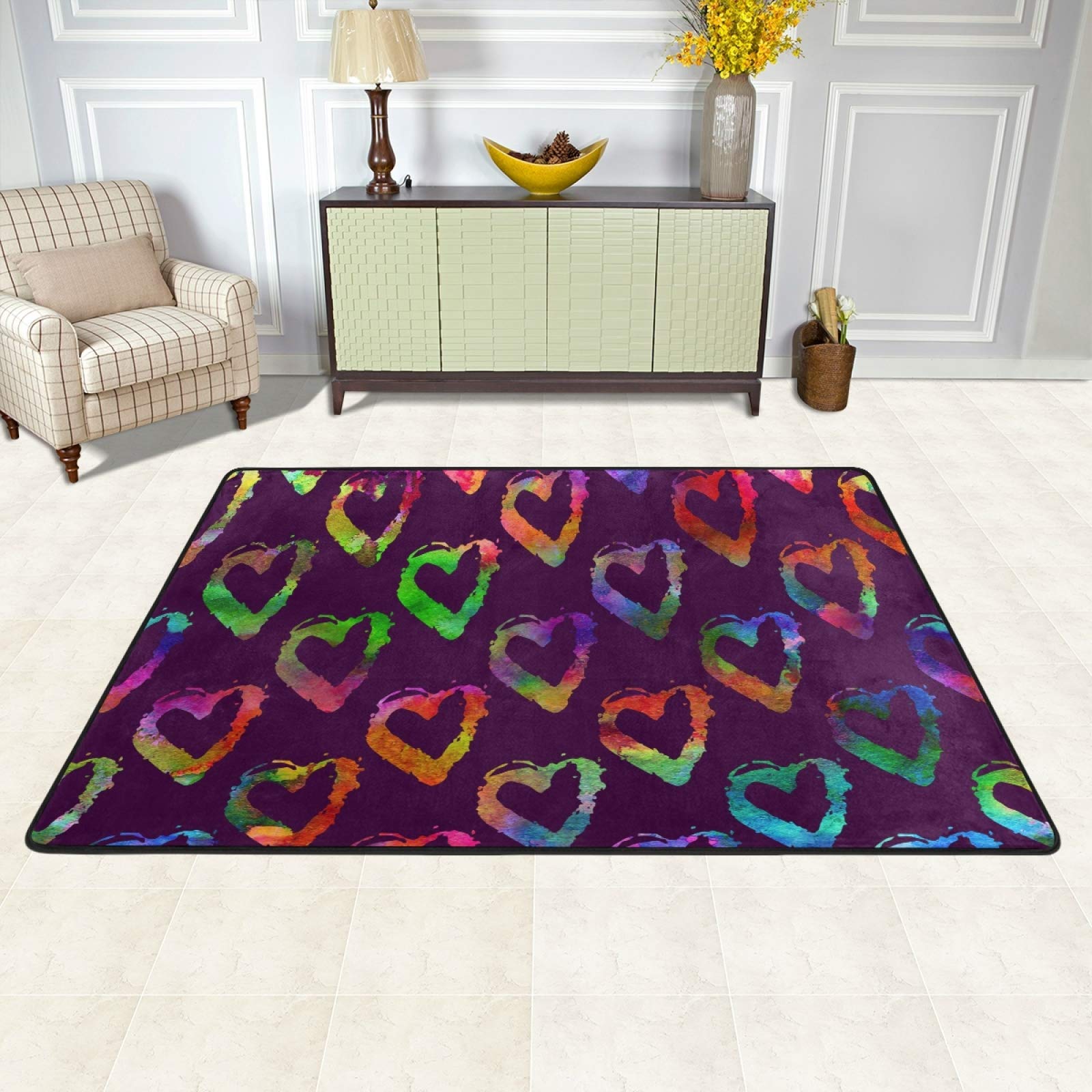 Biekaya Rainbow Hearts Non-Slip Area Rug 72x48 Inch - Modern Indoor Floor Carpet for Kitchen, Bedroom, Living Room & Nursery - Soft Washable Rug for Kids Room, Dorm Decor & Cozy Home Spaces