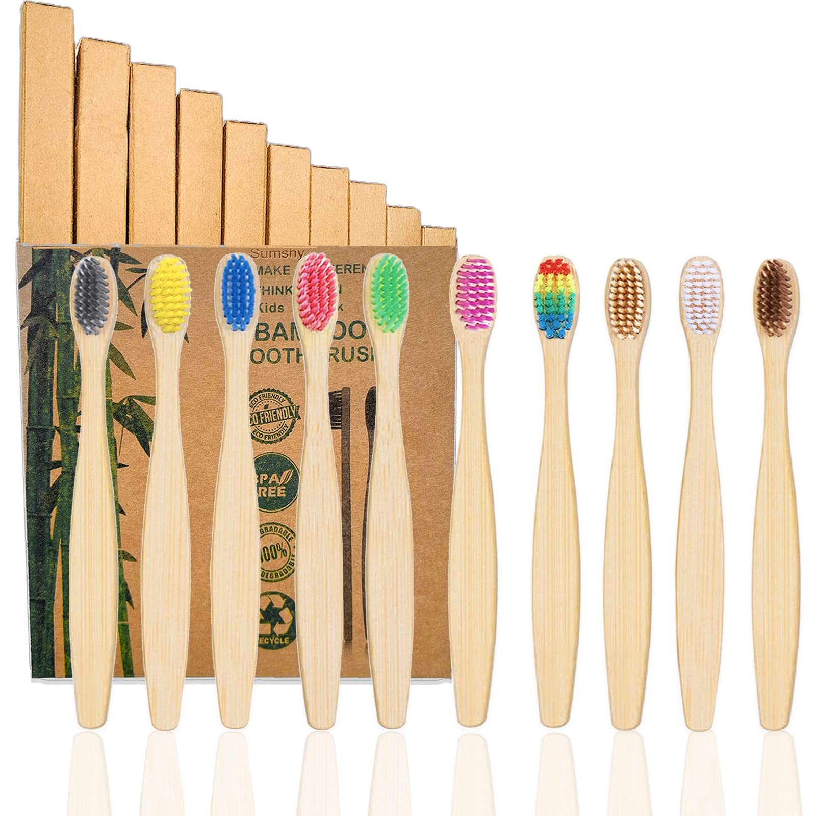 10 Color Kids Bamboo Toothbrushes | BPA-Free Soft Bristles Wooden Toothbrushes | Eco-Friendly Biodegradable & Compostable Charcoal Toothbrushes - Family Pack of 12 | Perfect for Travel, School & Sustainable Oral Care