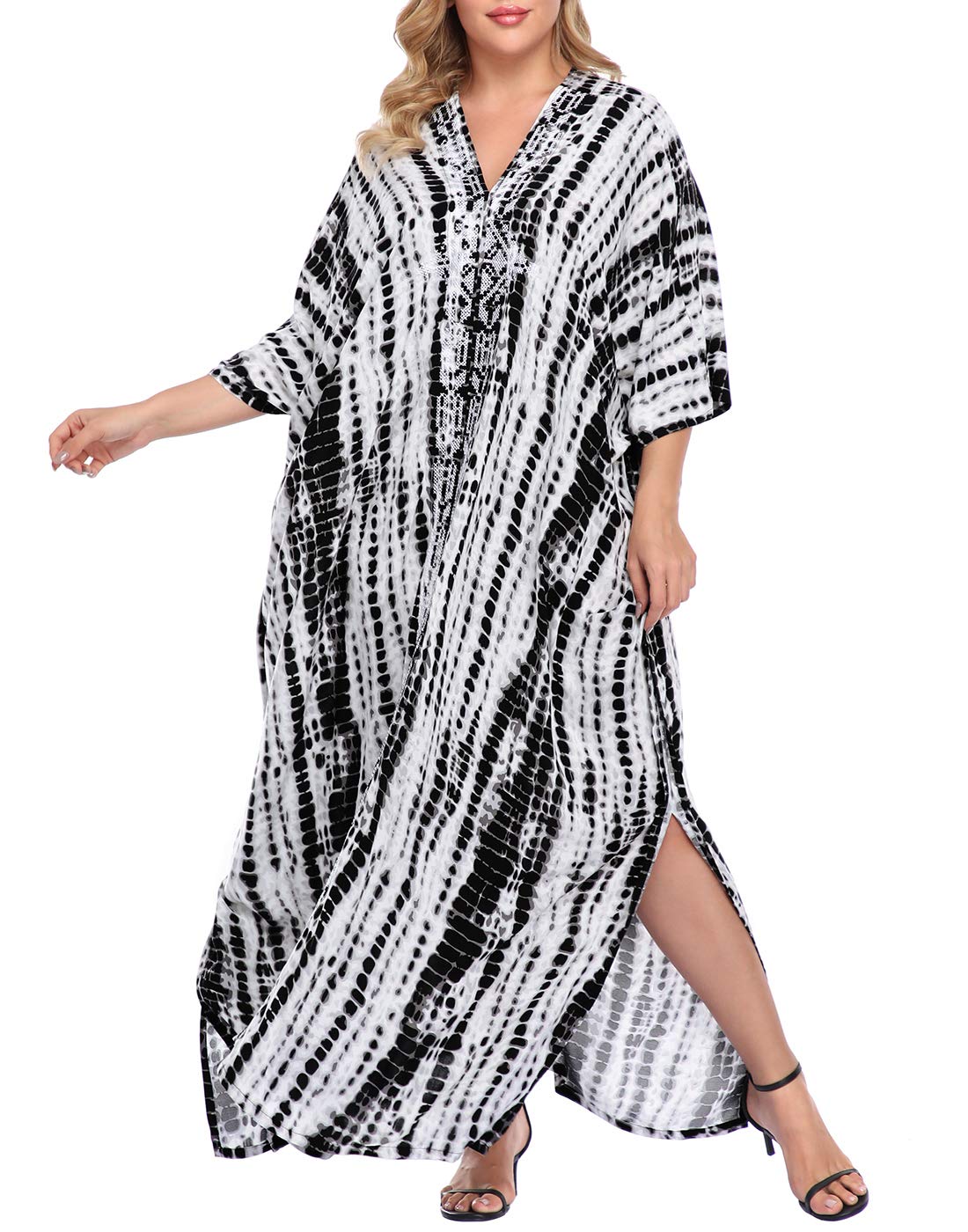 HDE Women's UPF 30+ Oversized Kaftan Dress - V Neck Long Maxi Swim Cover Up for Plus Size, Beach Vacation & Poolside Relaxation