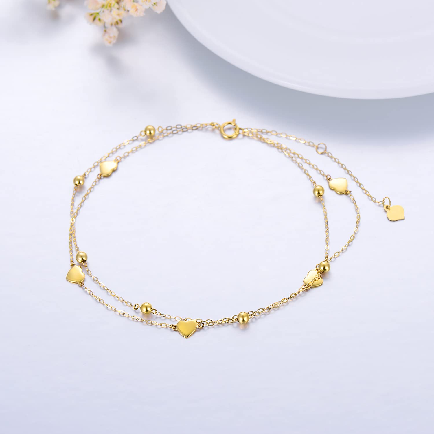 14K Solid Gold Heart Anklet for Women - Real Gold Bead Station Anklet Bracelet - 8''+2'' Adjustable Layered Anklets - Fine Jewelry Gift for Her, Wife, Mom, Girlfriend - Perfect for Anniversary, Birthday, Valentine's Day - Elegant Everyday Wear & Special Occasions