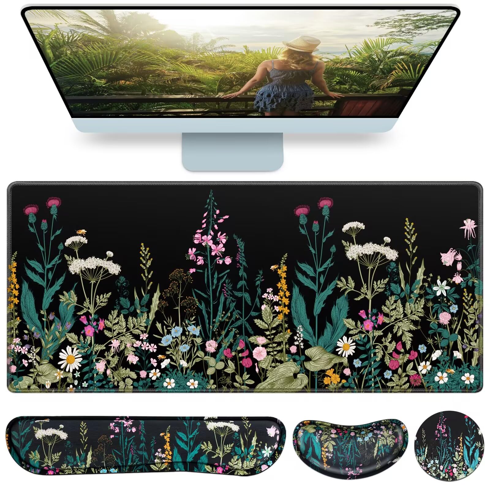 QOMOLAMA Ergonomic 4-in-1 Mouse Pad Set with Wrist Rest - Large Gaming Mouse Pad, Keyboard Wrist Support, Memory Foam Desk Mat & Cup Holder - Anti-Slip Office & Home Computer Accessories (35.4×15.7in) - Perfect for PC Gaming, Typing & Workstation Comfort